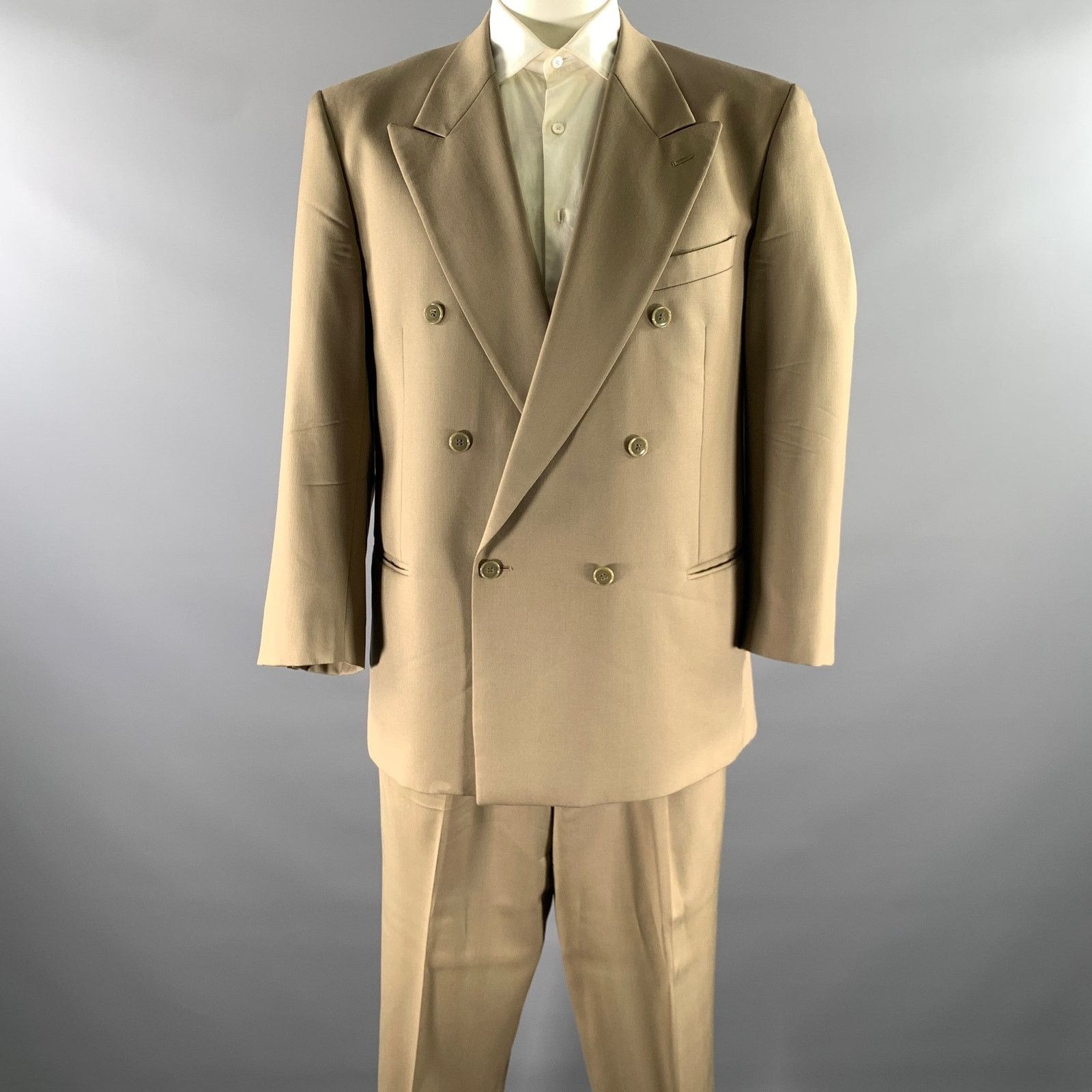 Other MANI Size 44 Khaki Wool Peak Lapel Double Breasted Suit Size 44R - 1 Thumbnail