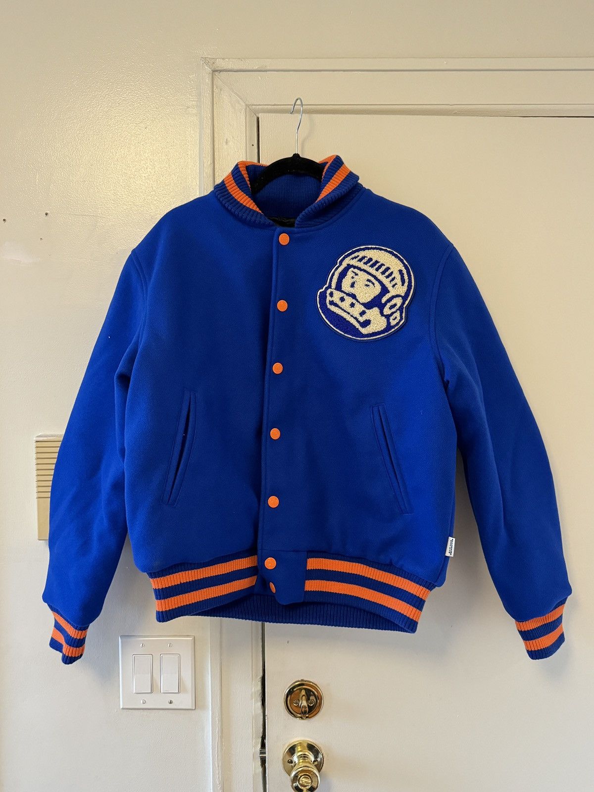image of Billionaire Boys Club Logo-Patch Striped Bomber Jacket in Blue, Men's (Size Large)