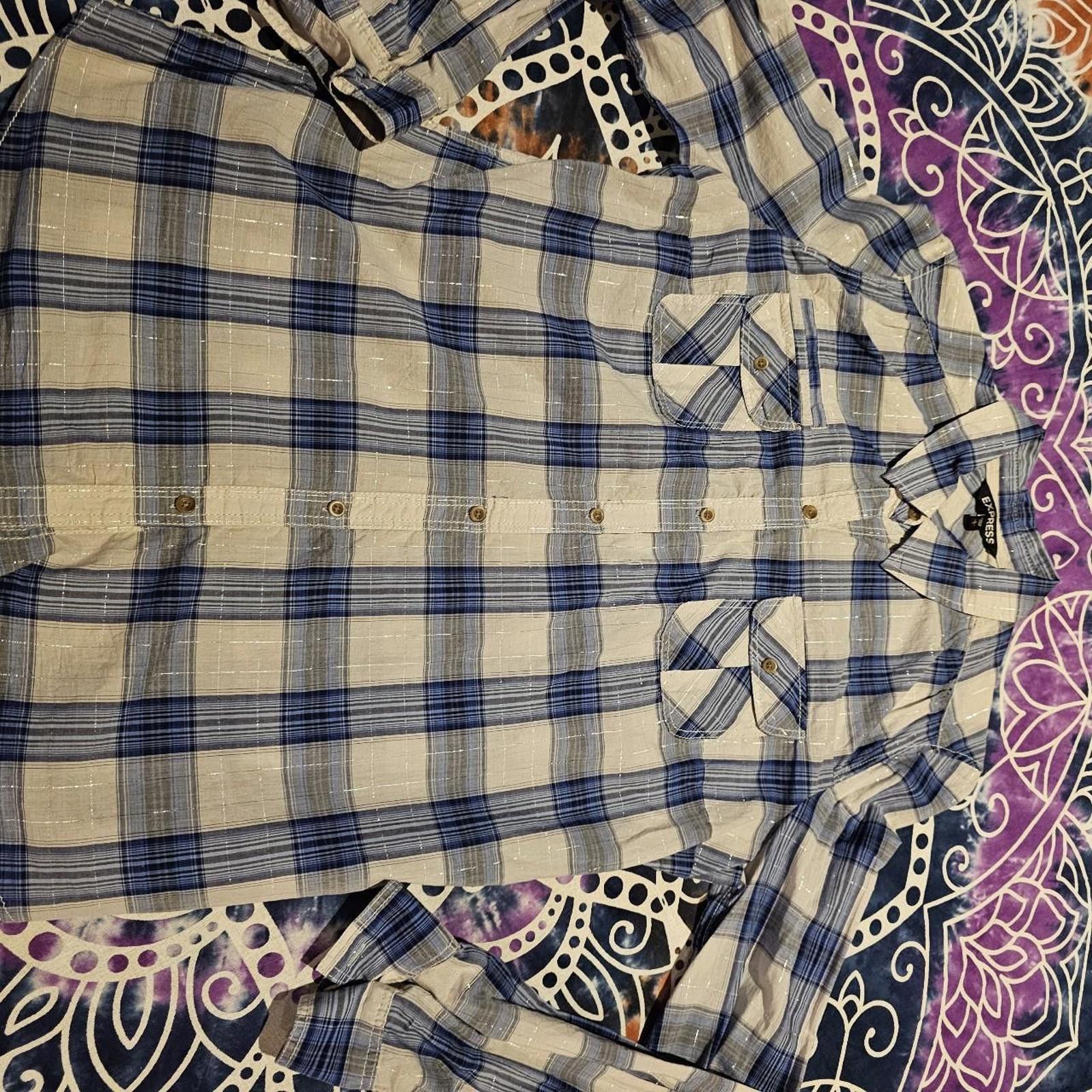 Express Express Women's White and Blue Plaid Shirt Size L / US 10 / IT 46 - 2 Thumbnail