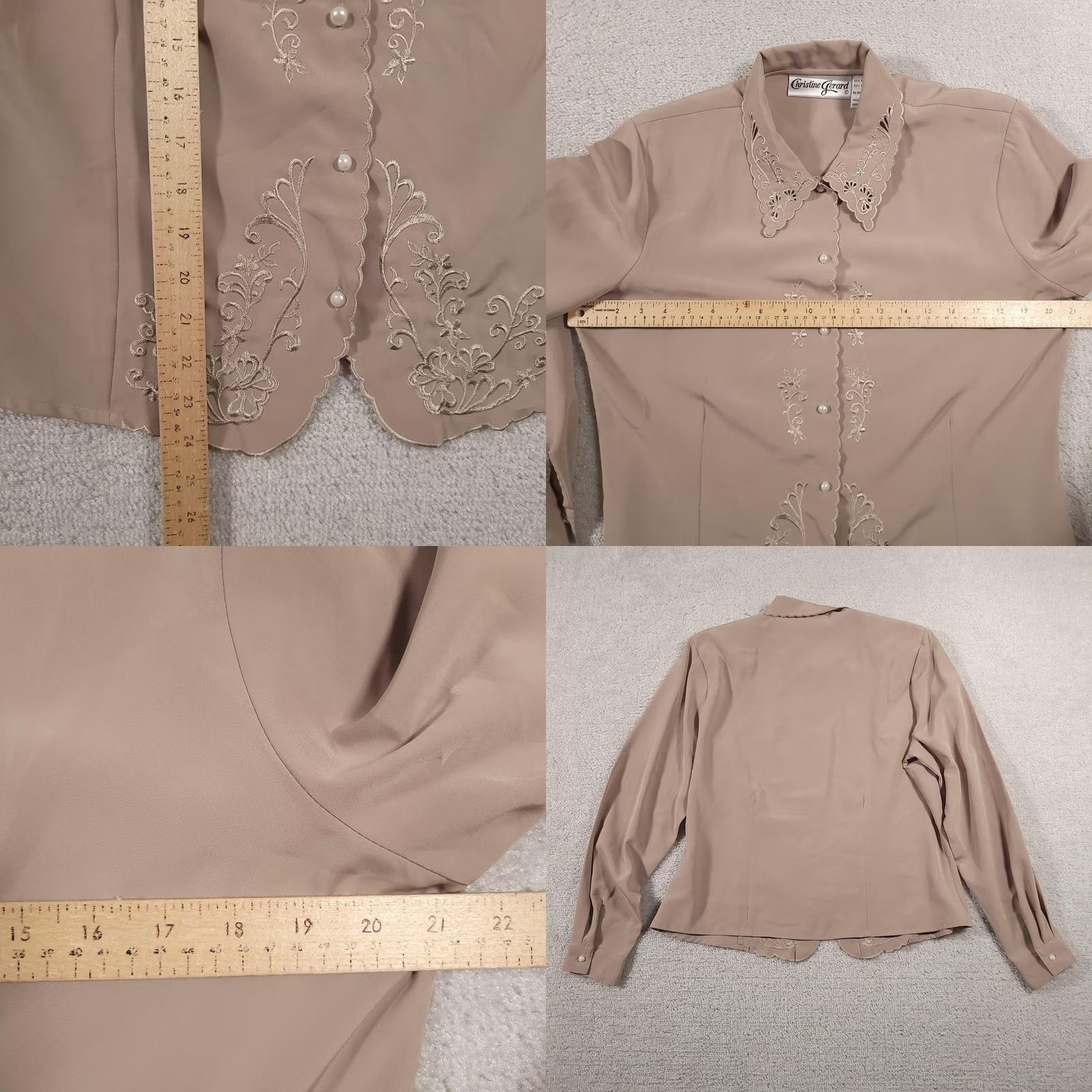 Vintage VINTAGE Christine Gerard Blouse Womens 10 Beige Embroidered Pearl Button Long Sleeve Vintage Style Blouse for Women Size L / US 10 / IT 46 - 9 Thumbnail