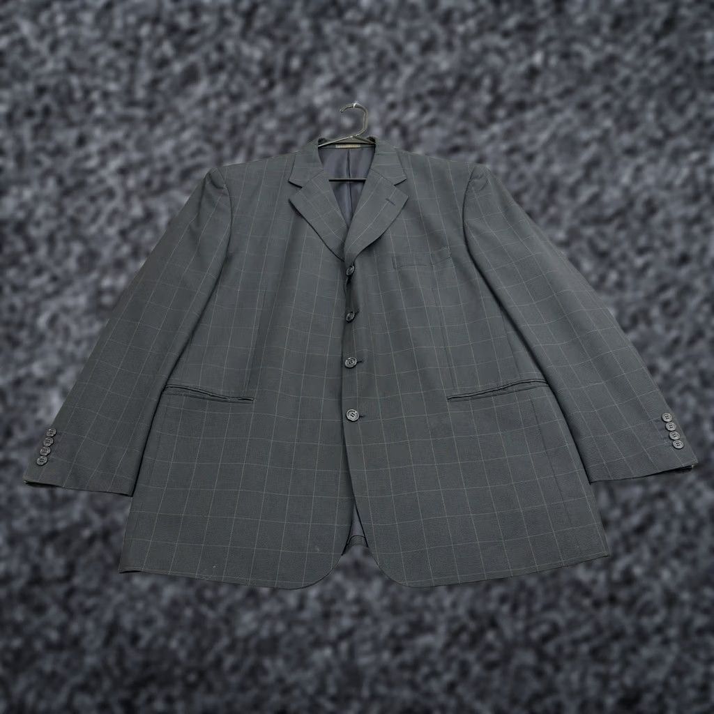 Vintage Zandello Blazer 46R Grey Plaid Four-Button Notch Lapel Single-Breasted Polyester Rayon Mens Suit Jacket Ventless Formal Business Classic Size 46R - 1 Thumbnail