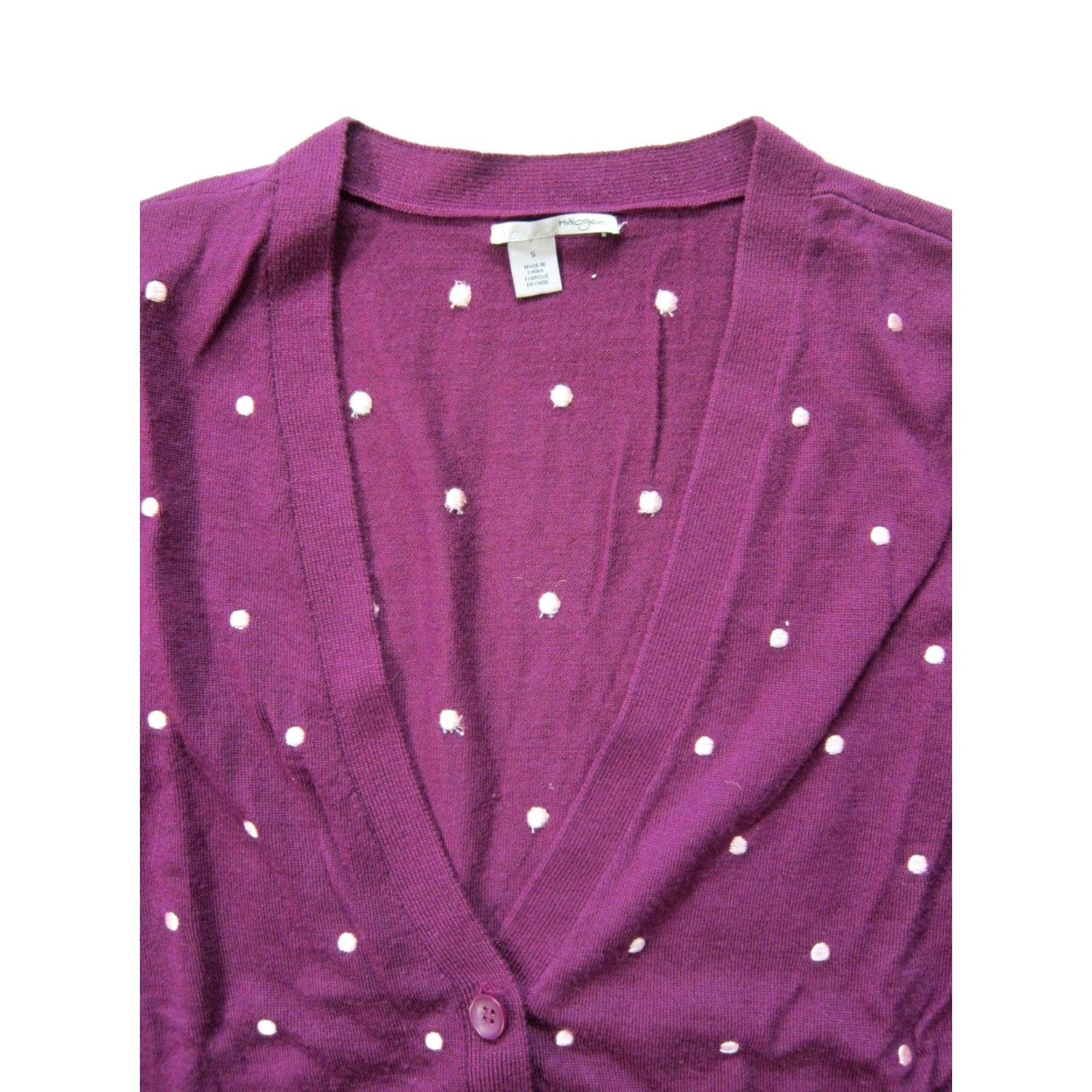Vintage Halogen Cardigan Sweater Women Small V-Neck 100% Wool Purple White Polka Dot Knit Button Thin Long Sleeve Size S / US 4 / IT 40 - 4 Thumbnail