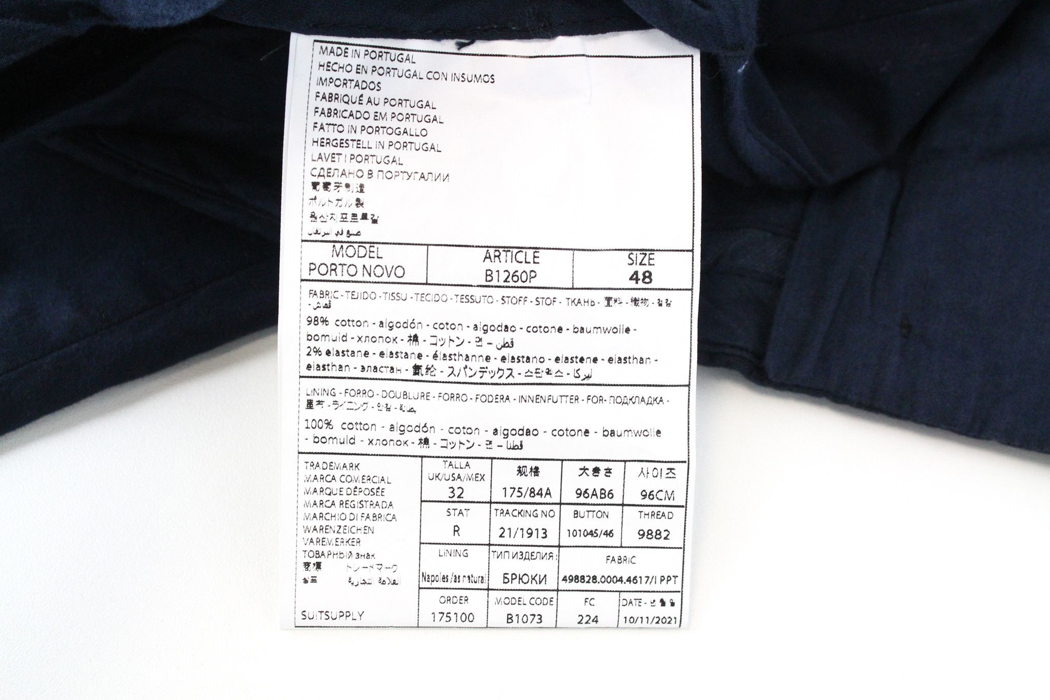 Suitsupply PORTO NOVO UK32R Cotton Dark Blue Trousers 66603 Size US 32 / EU 48 - 5 Thumbnail