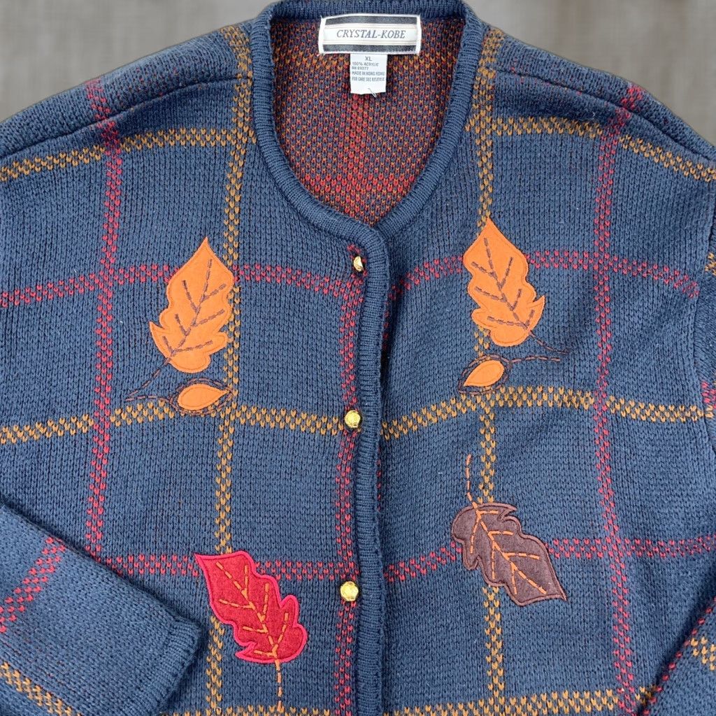 Vintage VINTAGE Crystal Kobe Cardigan Sweater Women XL Blue Knit Fall Leaves Grandma Boho Size XL / US 12-14 / IT 48-50 - 1 Thumbnail