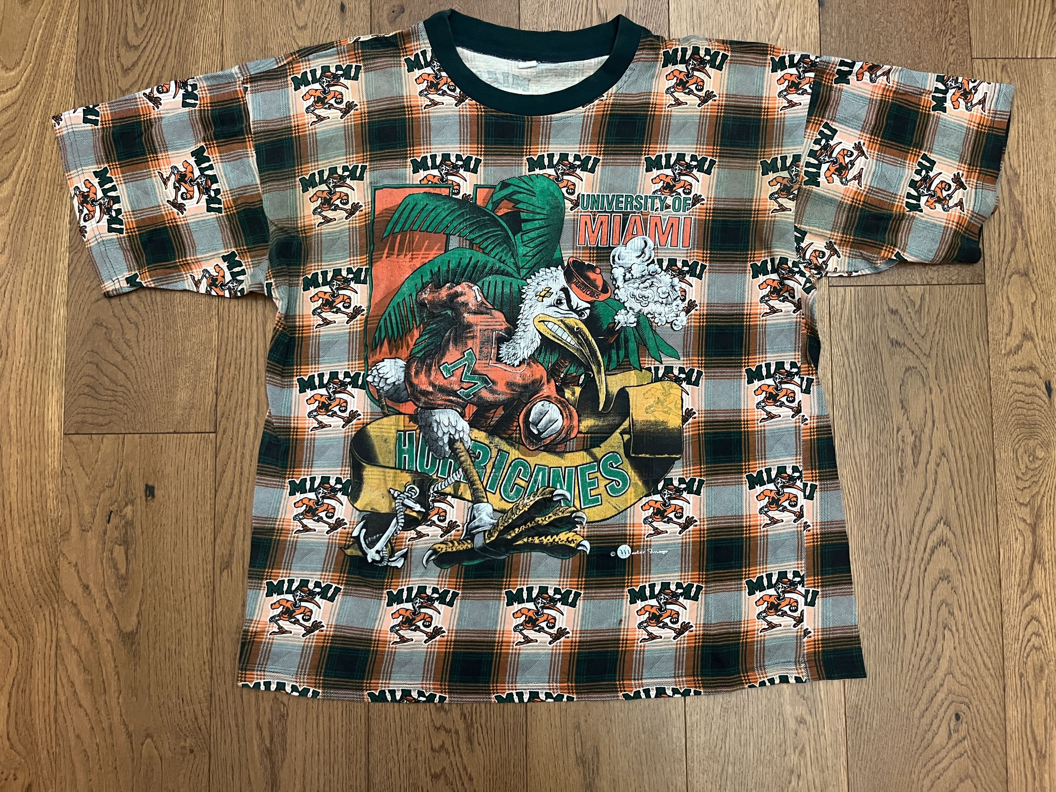 Vintage Vtg 90s University of Miami Hurricanes Plaid AOP Tee XL Size US XL / EU 56 / 4 - 1 Thumbnail