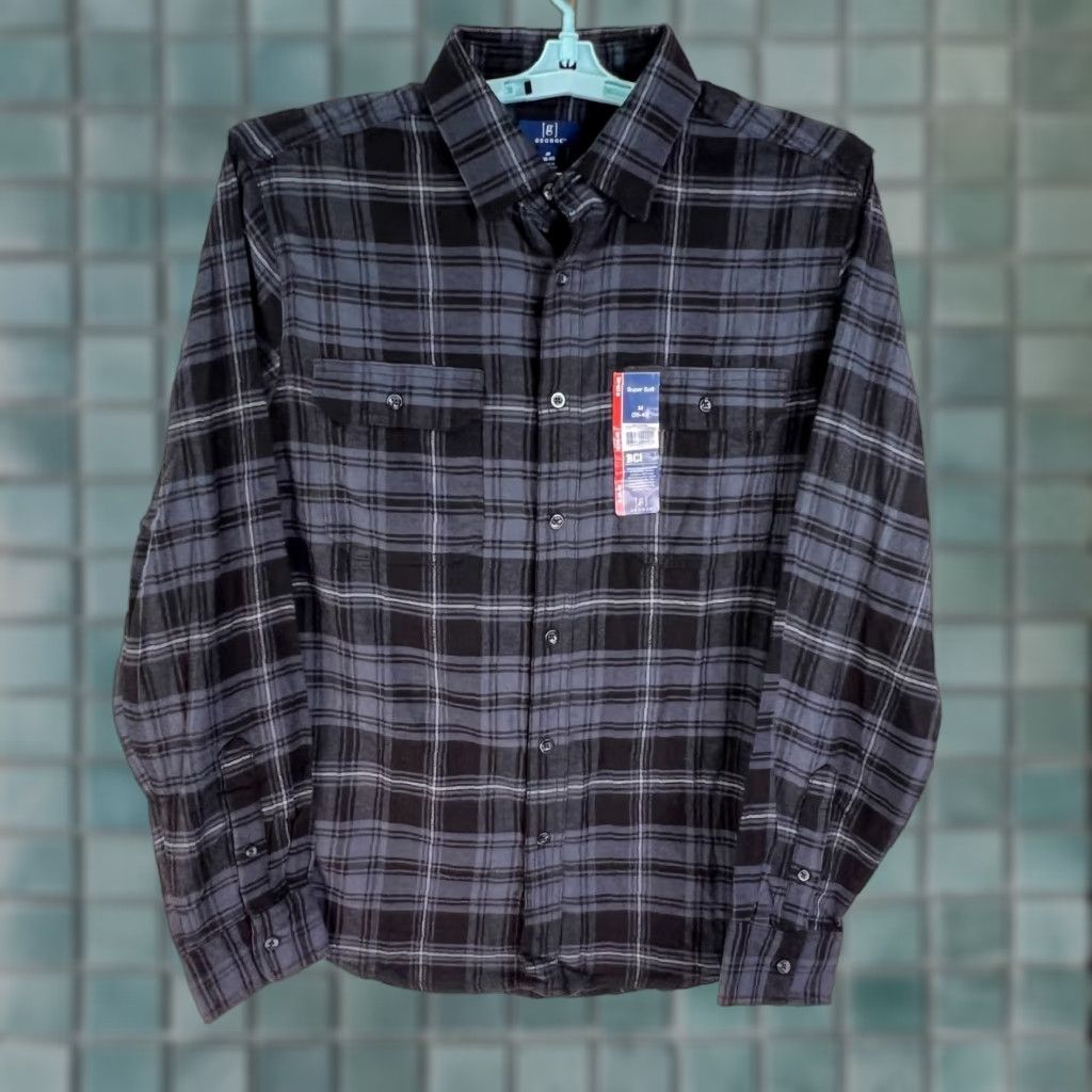 George George Mens Plaid Flannel Shirt Size M Long Sleeve Casual Workwear Autumn Winter Black Gray Size US M / EU 48-50 / 2 - 1 Thumbnail