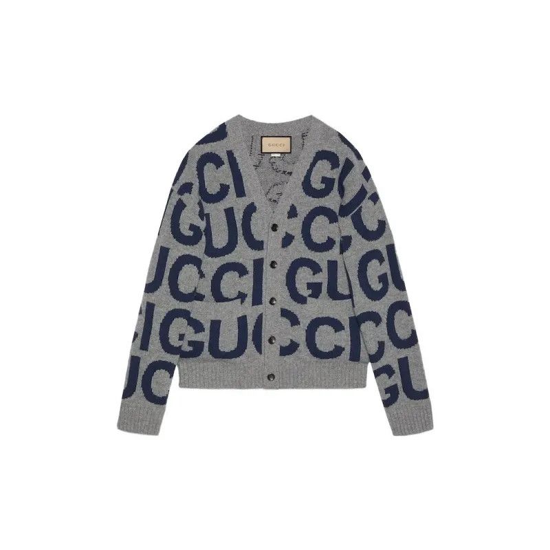 Gucci o1s1wg110225 Wool Cardigan With Gucci Intarsia Gray & Blue Size US XL / EU 56 / 4 - 1 Thumbnail