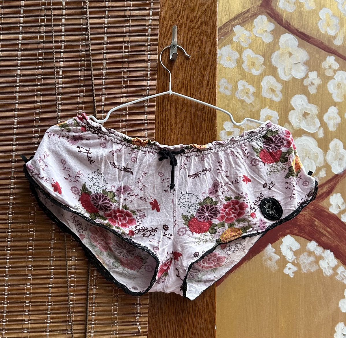 Y2k Vive Maria Printed Coquette Floral Shorts Pink Lace Trim