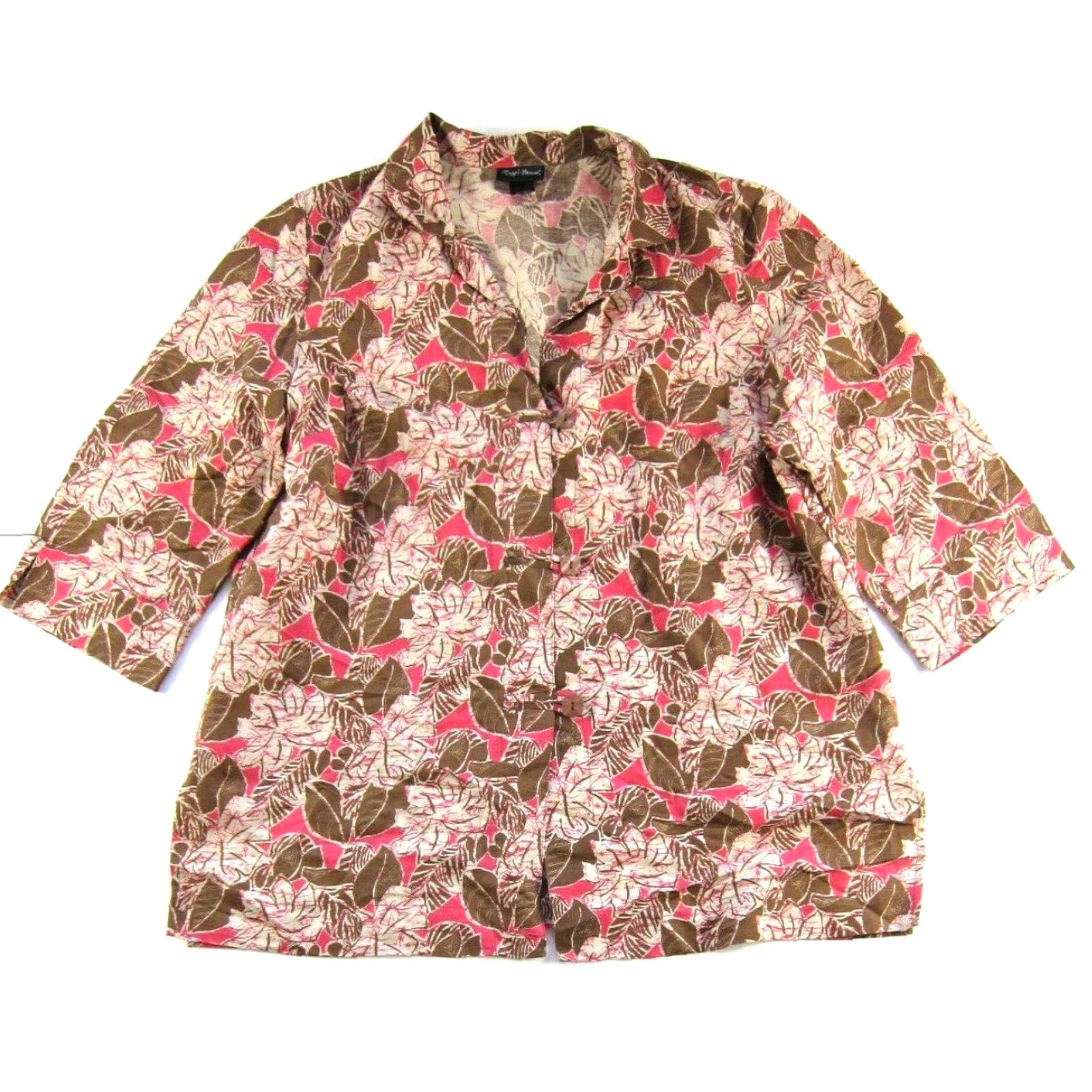 Pinko Maggie Barnes Linen Brown Pink Floral 3/4 Sleeve Button Down Collared Blouse 1X Size XL / US 12-14 / IT 48-50 - 2 Thumbnail