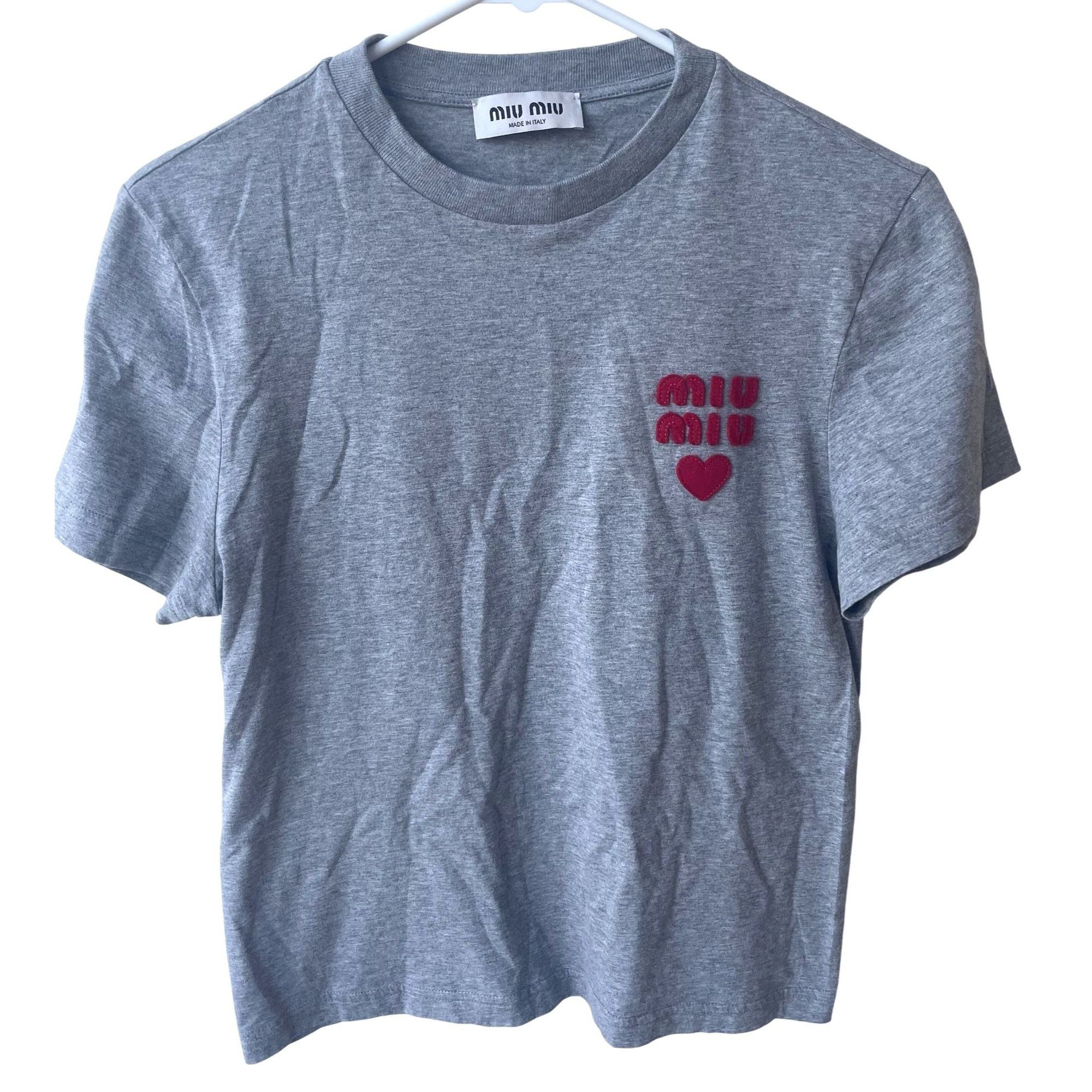 Miu Miu Miu Miu Womens Grey Cotton T-Shirt With Red Logo & Heart  