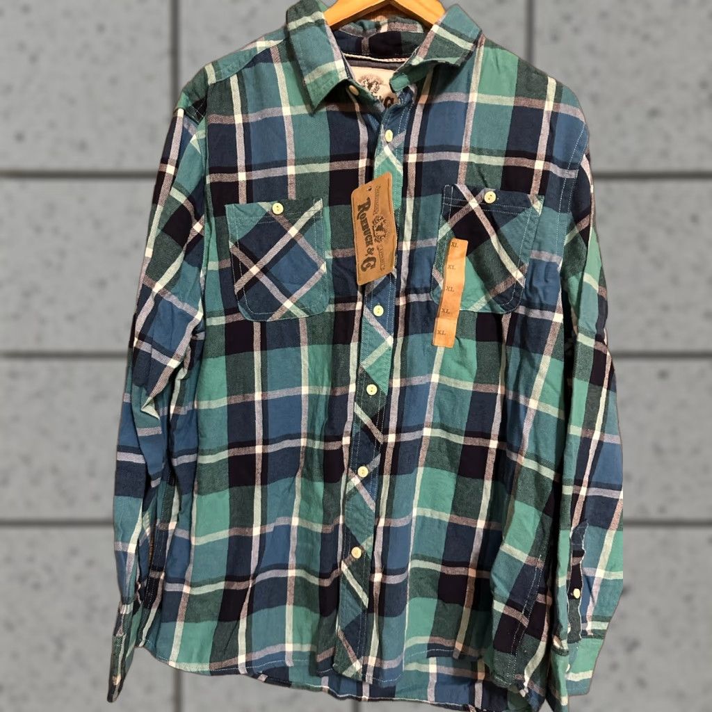 CO Roebuck & Co Shirt Button-Up Flannel Blue Plaid 100% Cotton XL Mens Long Sleeve Workwear Button-Front Size US XL / EU 56 / 4 - 1 Thumbnail
