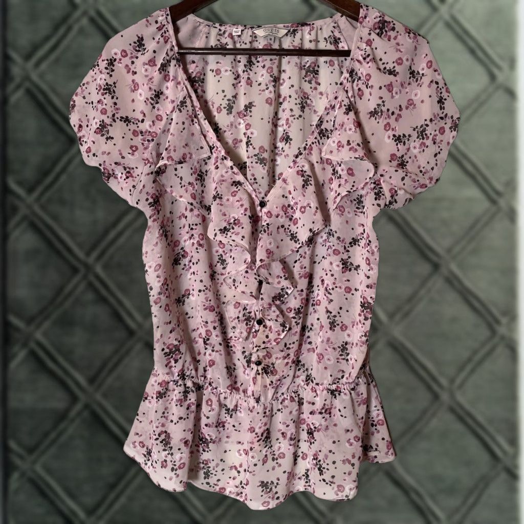 Guess VTG 90s GUESS Blouse Womens Size M Pink Black Floral Chiffon Ruffle Puff Sleeve Short Sleeve Button V-Neck Christmas? Size M / US 6-8 / IT 42-44 - 1 Thumbnail