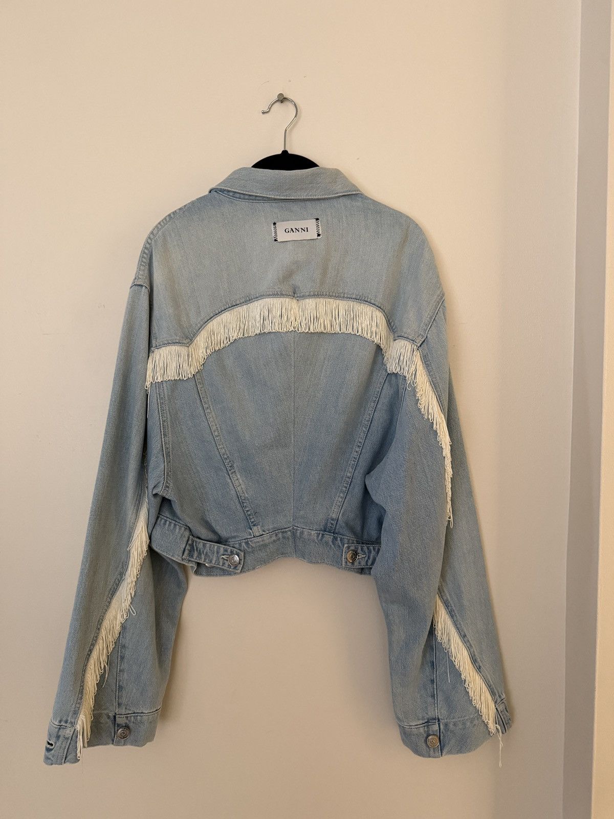 Ganni Ganni Light Blue Denim Jacket with White Fringe Size S / US 4 / IT 40 - 2 Thumbnail