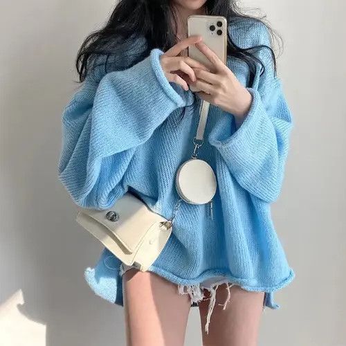 Blue Knit Jumper Oversize Long Sleeve Plain