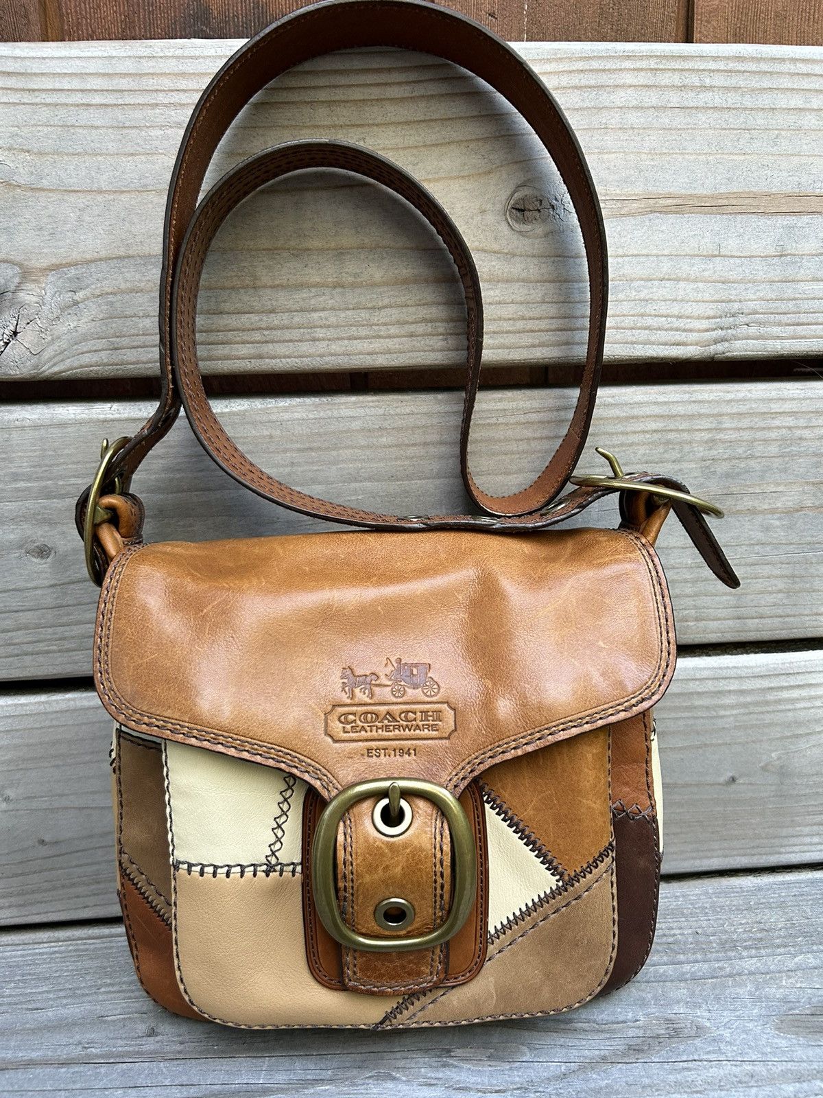 image of Limited Edition Coach Bleecker Patchwork Leather Bag in Beige, Women's