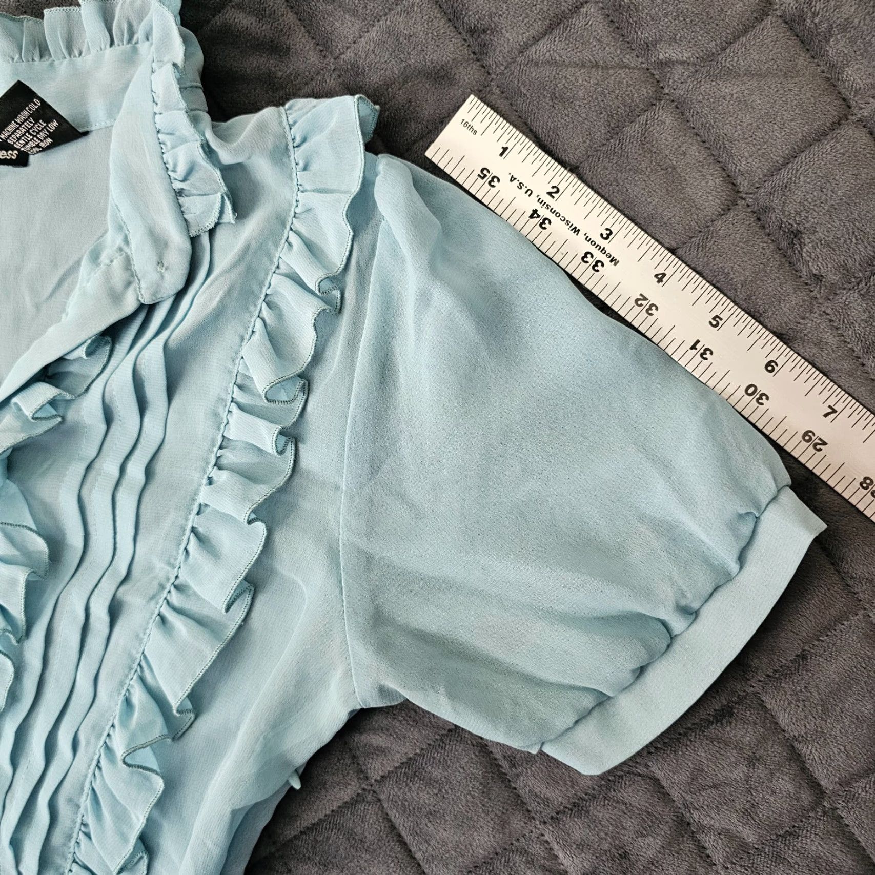 Express VINTAGE Cotton Express Blouse Button Shirt Blue Silk Ruffled Short Sleeve M 80s Womens Size M / US 6-8 / IT 42-44 - 7 Thumbnail