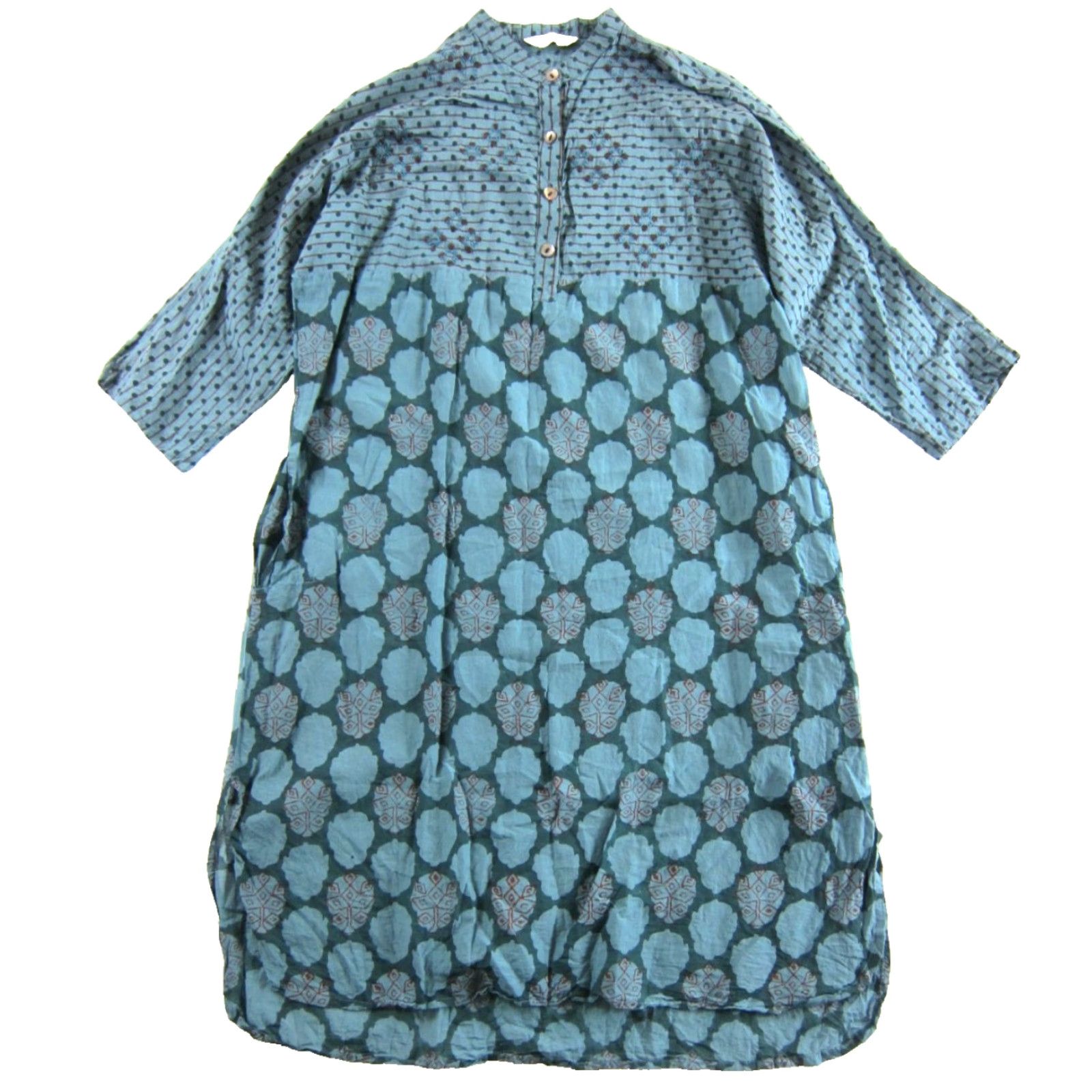 Market Market Place Handwork India Green Tunic Dress XS 3/4 Sleeve Pockets Floral Cotton Shirt Dress Womens Vintage? Size XS / US 0-2 / IT 36-38 - 2 Thumbnail