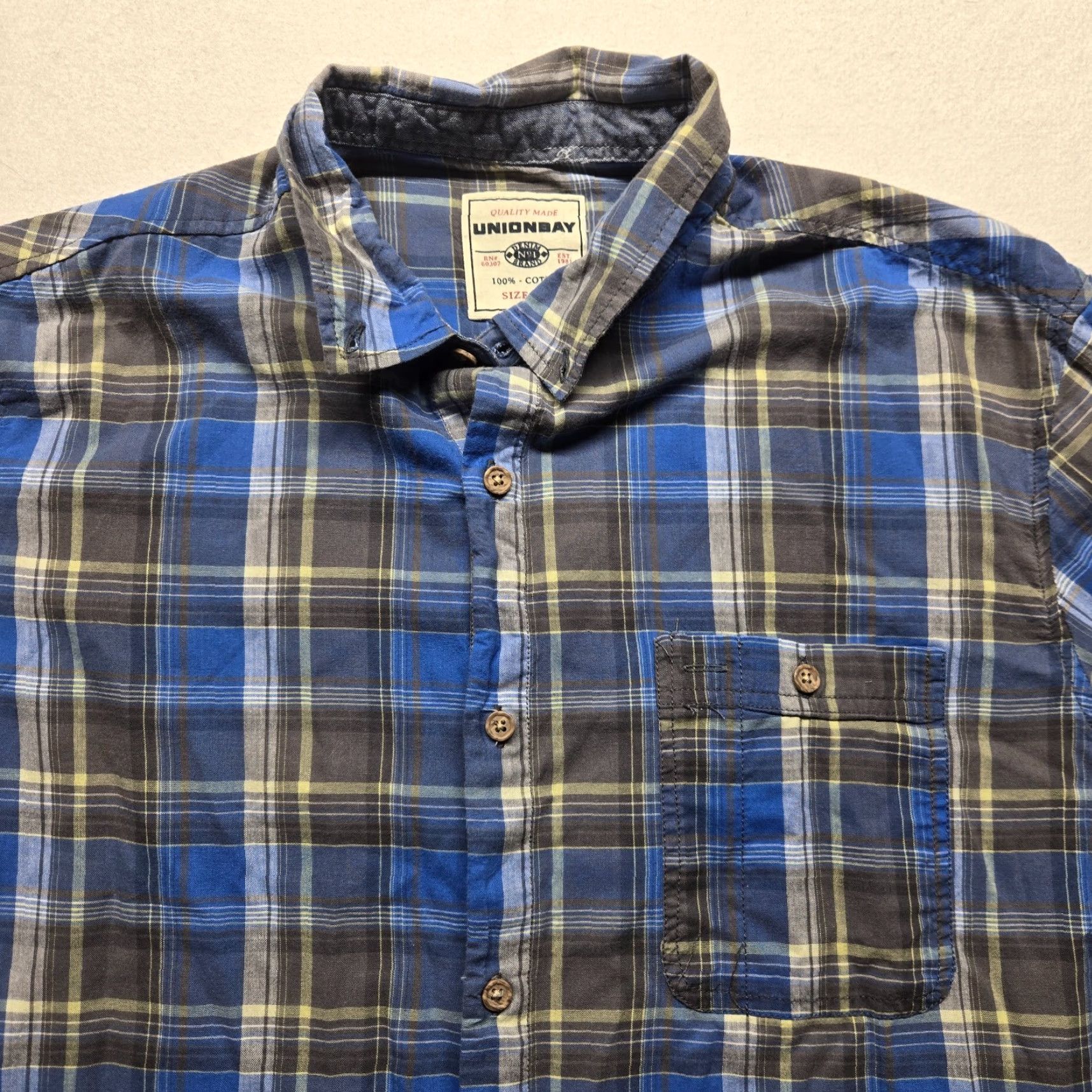 Vintage UNIONBAY Blue Shirt Short Sleeve Button-Down 100% Cotton Men's L Large Casual Plaid - Mens Size US L / EU 52-54 / 3 - 2 Thumbnail