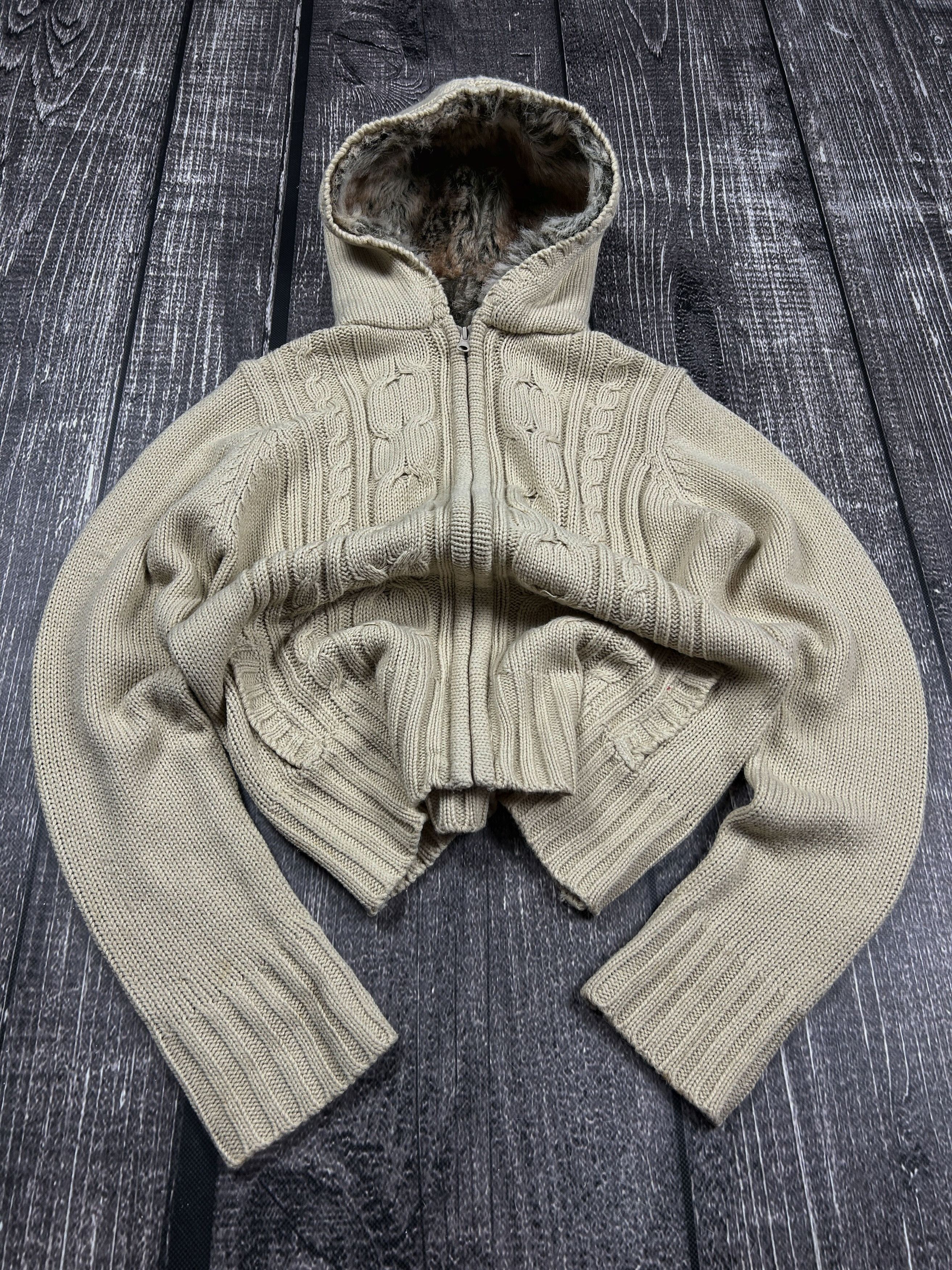Vintage Vintage Cable Knit Fur Hood Cardigan Zip Sweater Beige Y2K Size US M / EU 48-50 / 2 - 2 Thumbnail