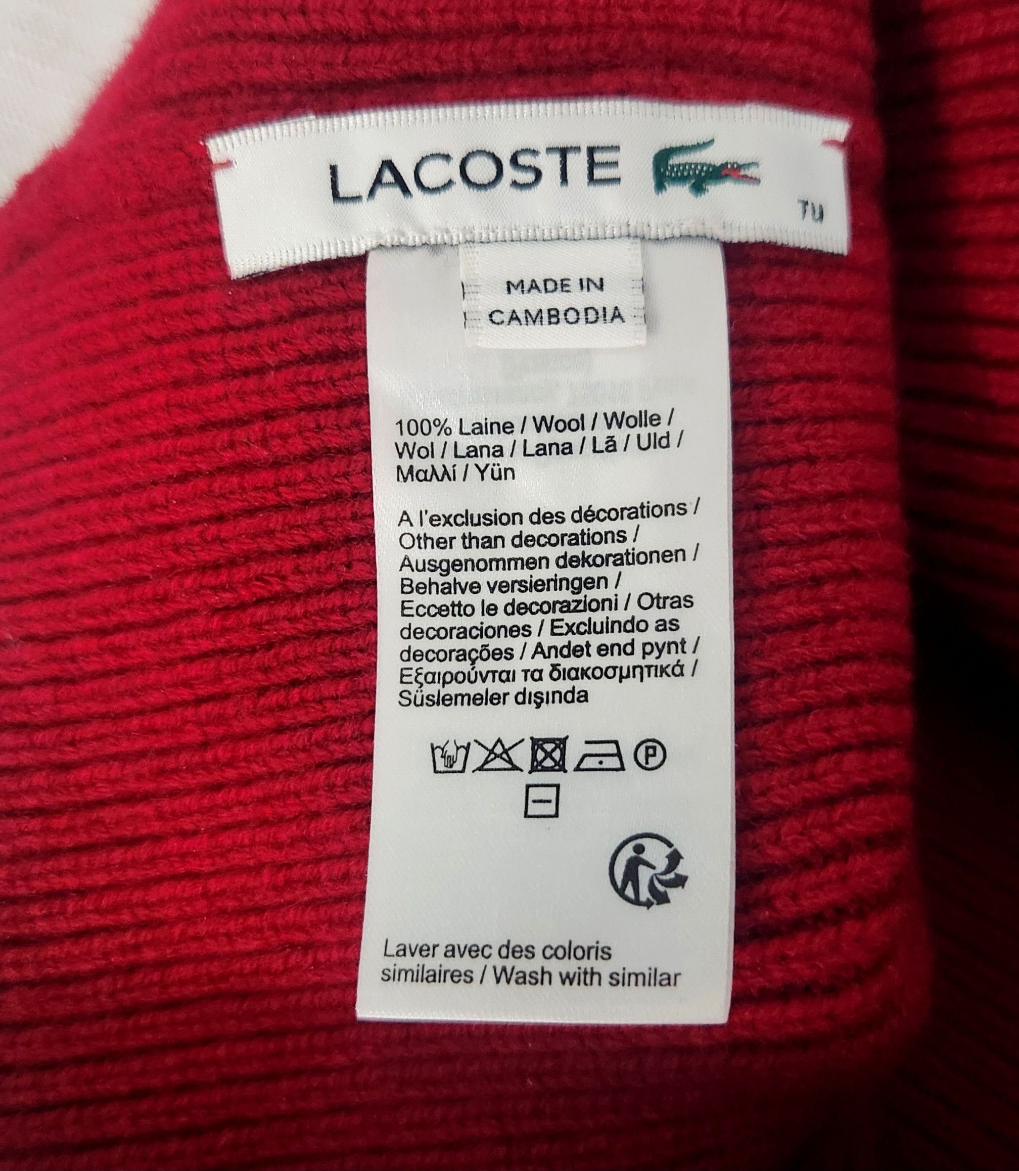 Lacoste LACOSTE Men's Hat Red Ribbed 100% Wool Knit Logo Beanie OSFA Size ONE SIZE - 6 Thumbnail