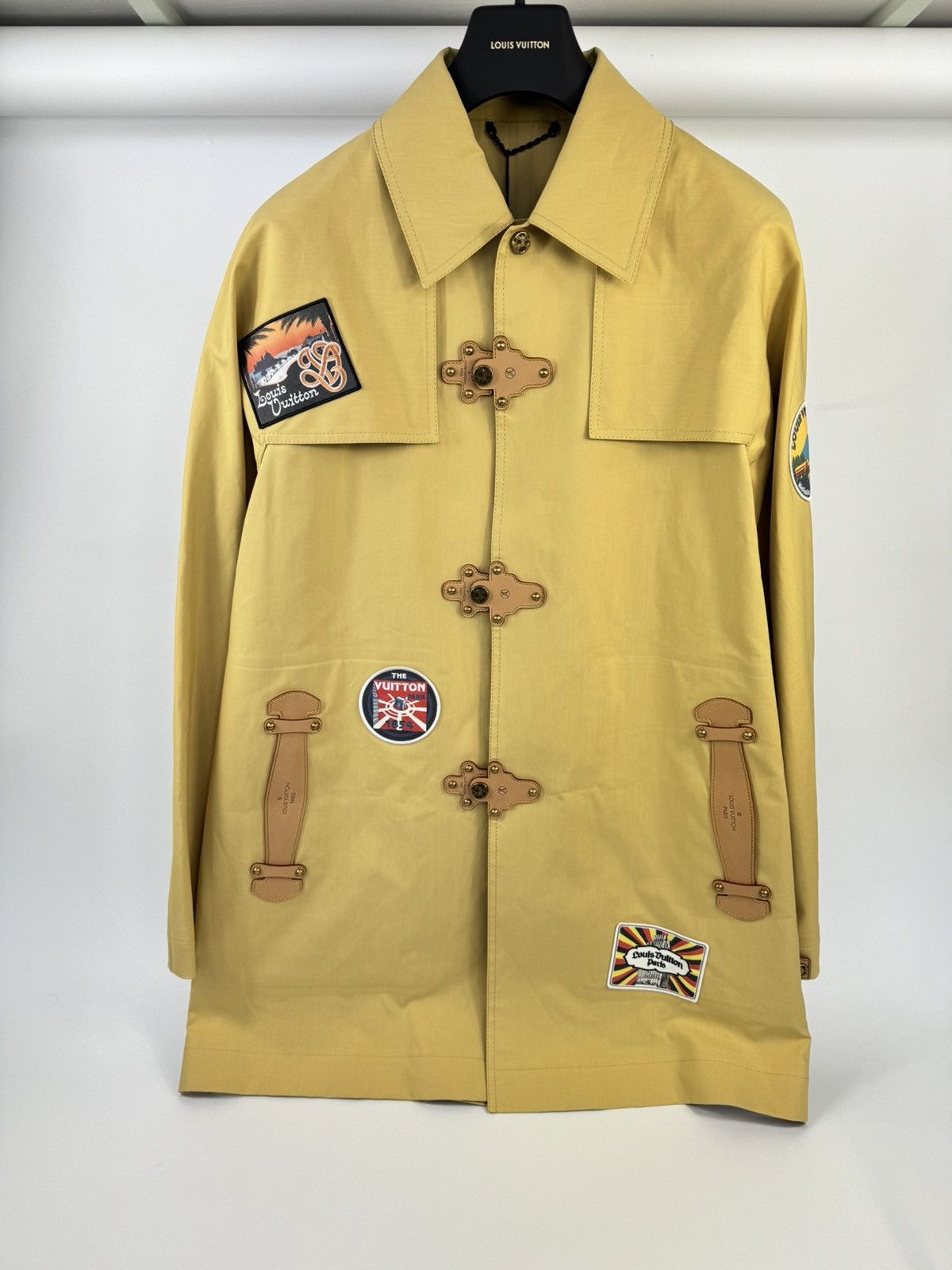 image of Louis Vuitton x Pharrell Oversized Trunk Details Patch Work Rain Coat in Beige, Men's (Size 2XL)