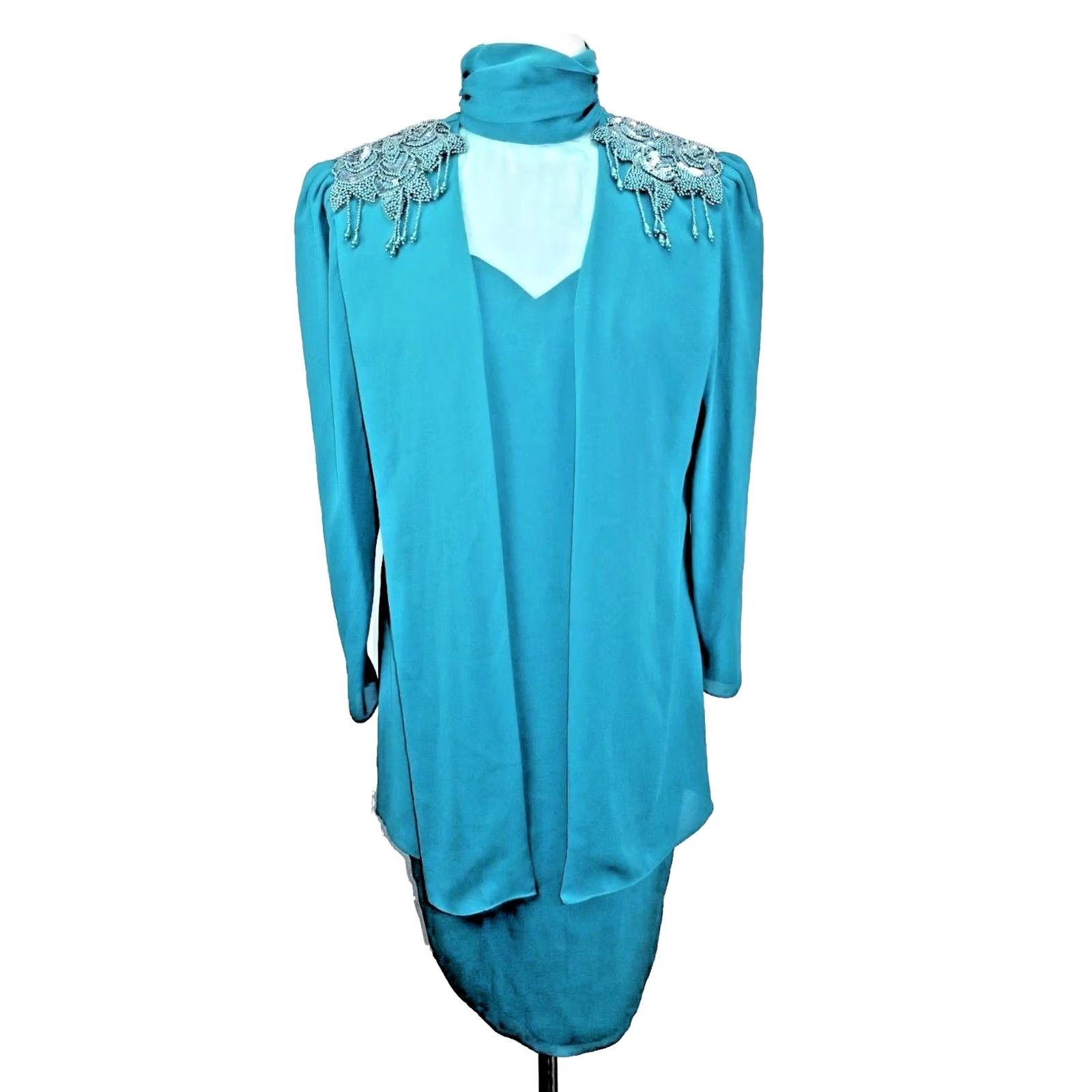 Vintage VINTAGE Patra Dress Knee Length Sequin Chiffon Organza Cape Design 80s Blue Sz 10 Womens Size L / US 10 / IT 46 - 2 Thumbnail