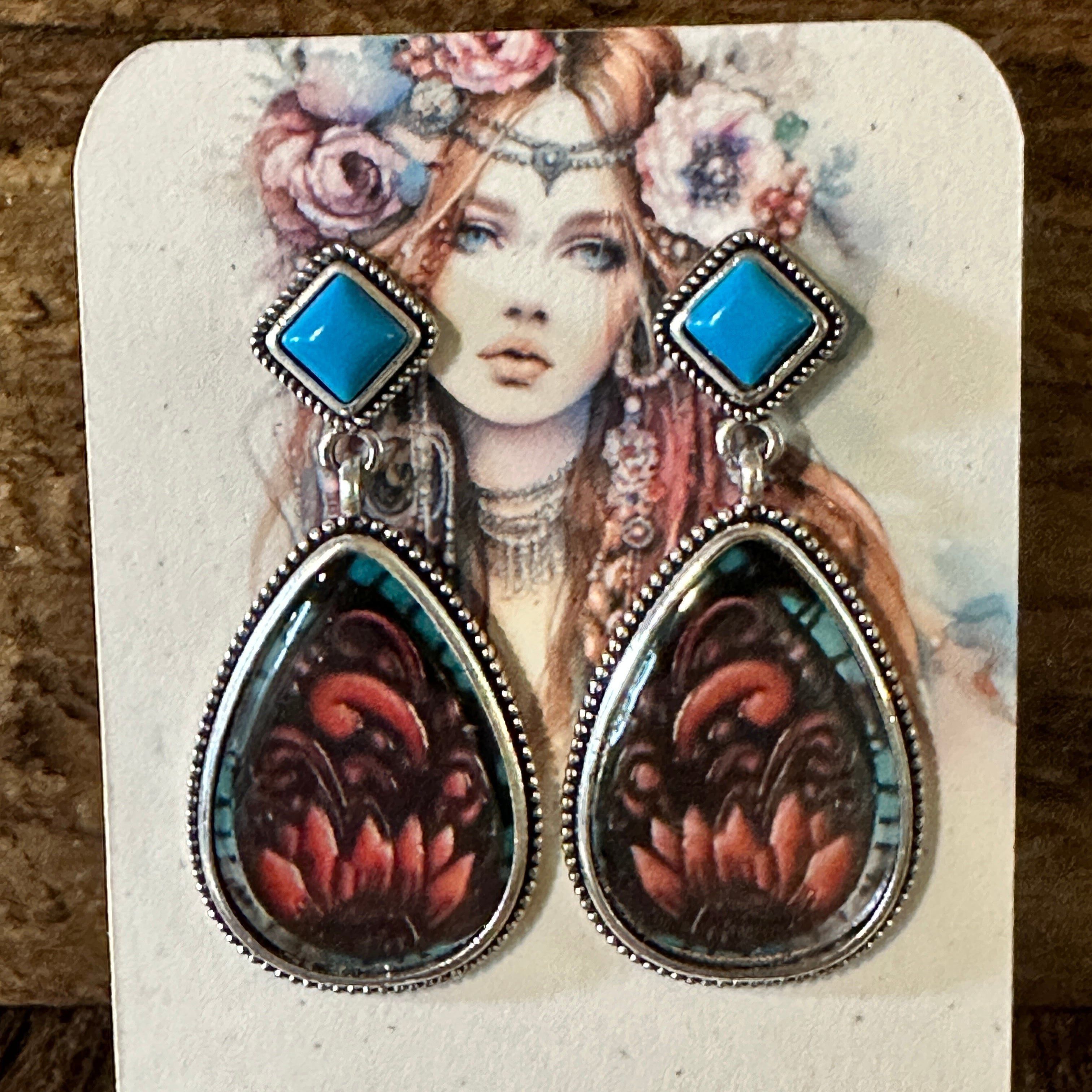 Other Vintage Droplet Shape Sunflower Print Dangle Earrings, Boho Size ONE SIZE - 6 Thumbnail