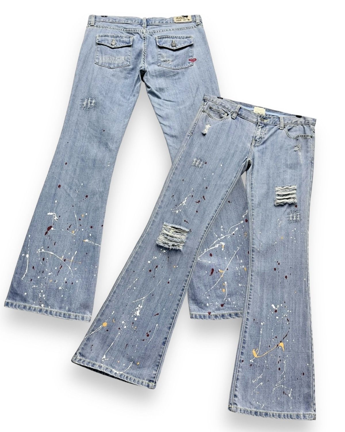 image of Distressed Denim x Jean Doperoxy Paint Splatter Ripped Vintage Flare Denim in Blue, Women's (Size 3