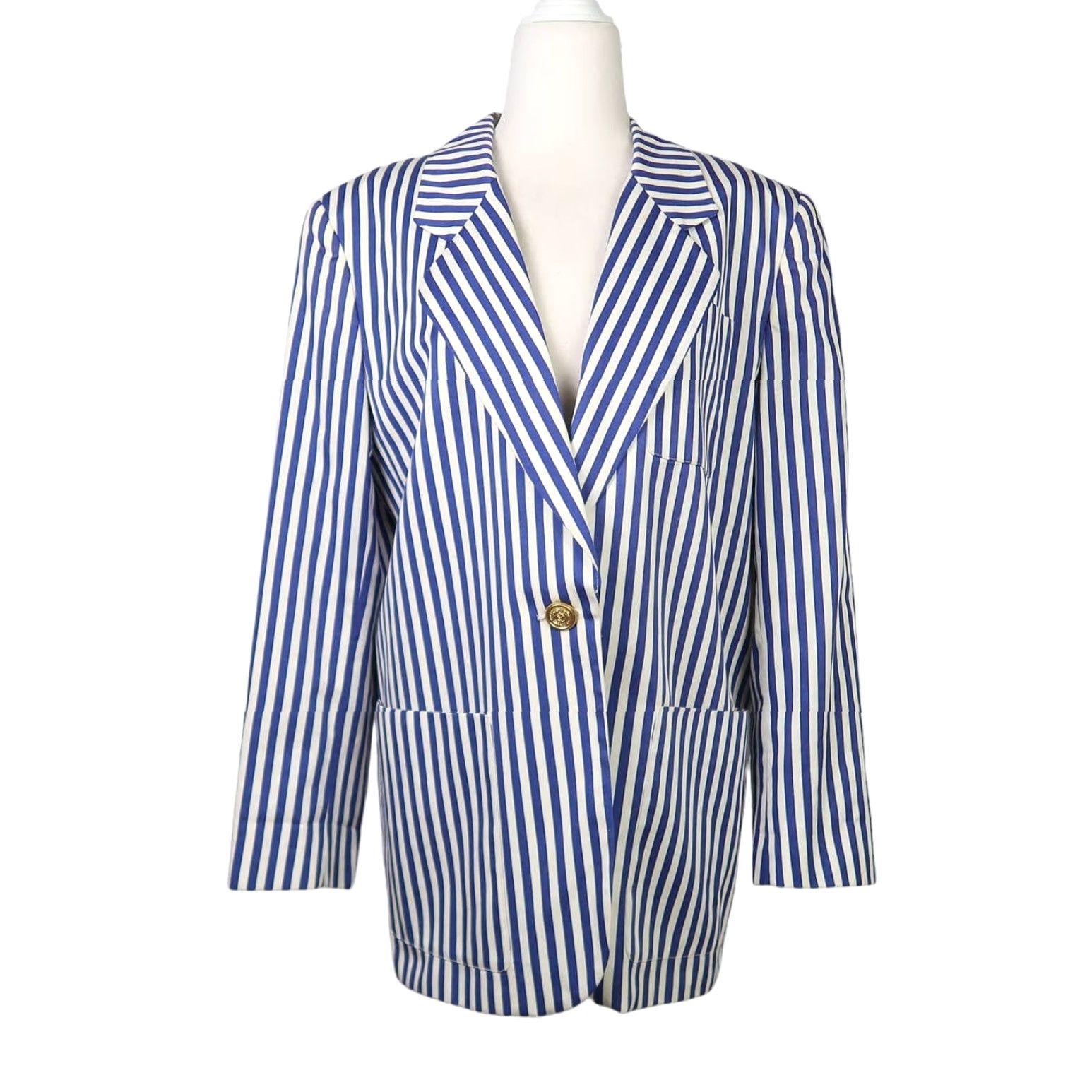 Liz Claiborne VINTAGE Liz Claiborne Blue White Stripe Cotton Blazer Jacket 8 Petite Long Sleeve Buttoned 90s Sports Workwear Casual Womens Blazer Size M / US 6-8 / IT 42-44 - 2 Thumbnail