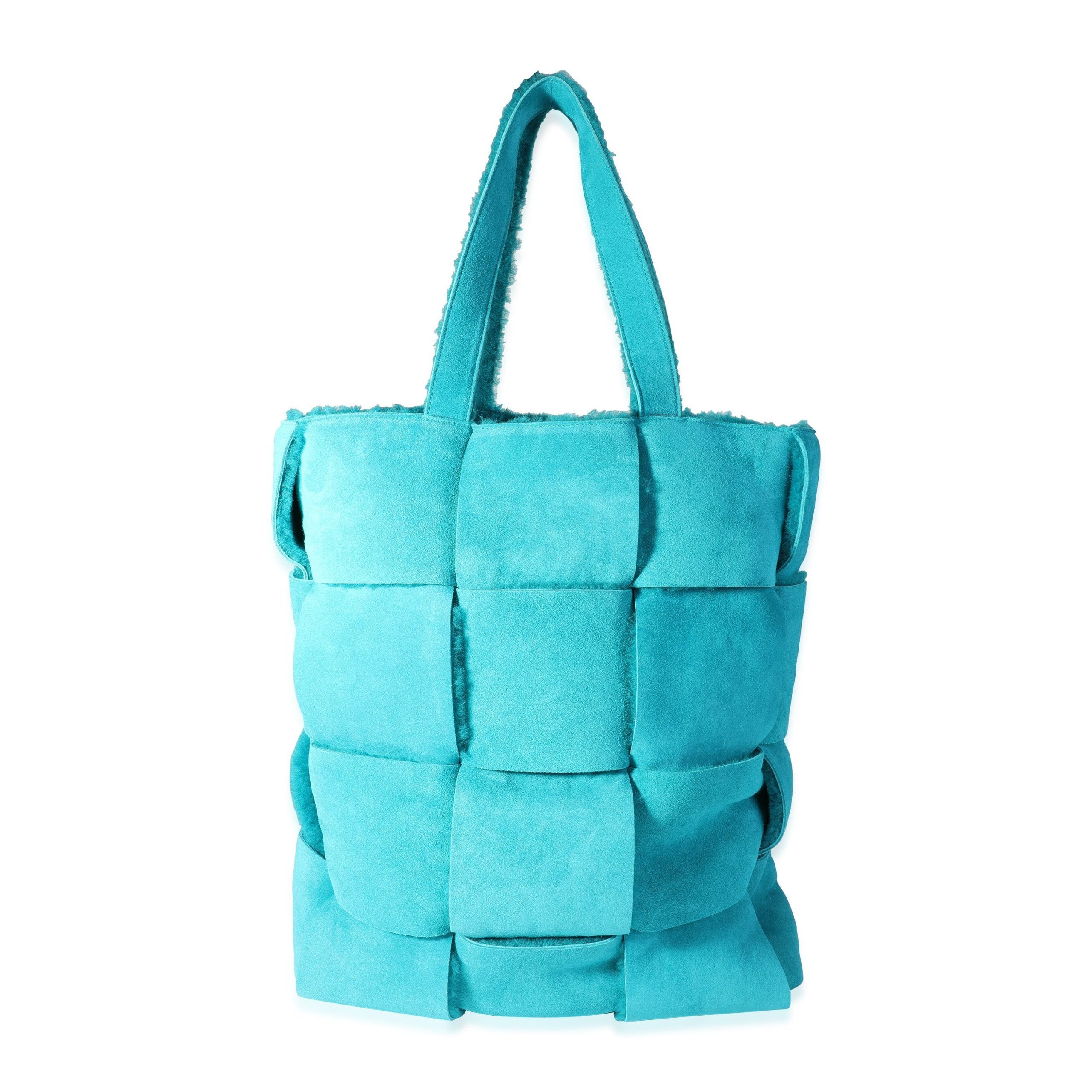 image of Bottega Veneta Blaster Intrecciato Shearling Tote in Blue, Women's