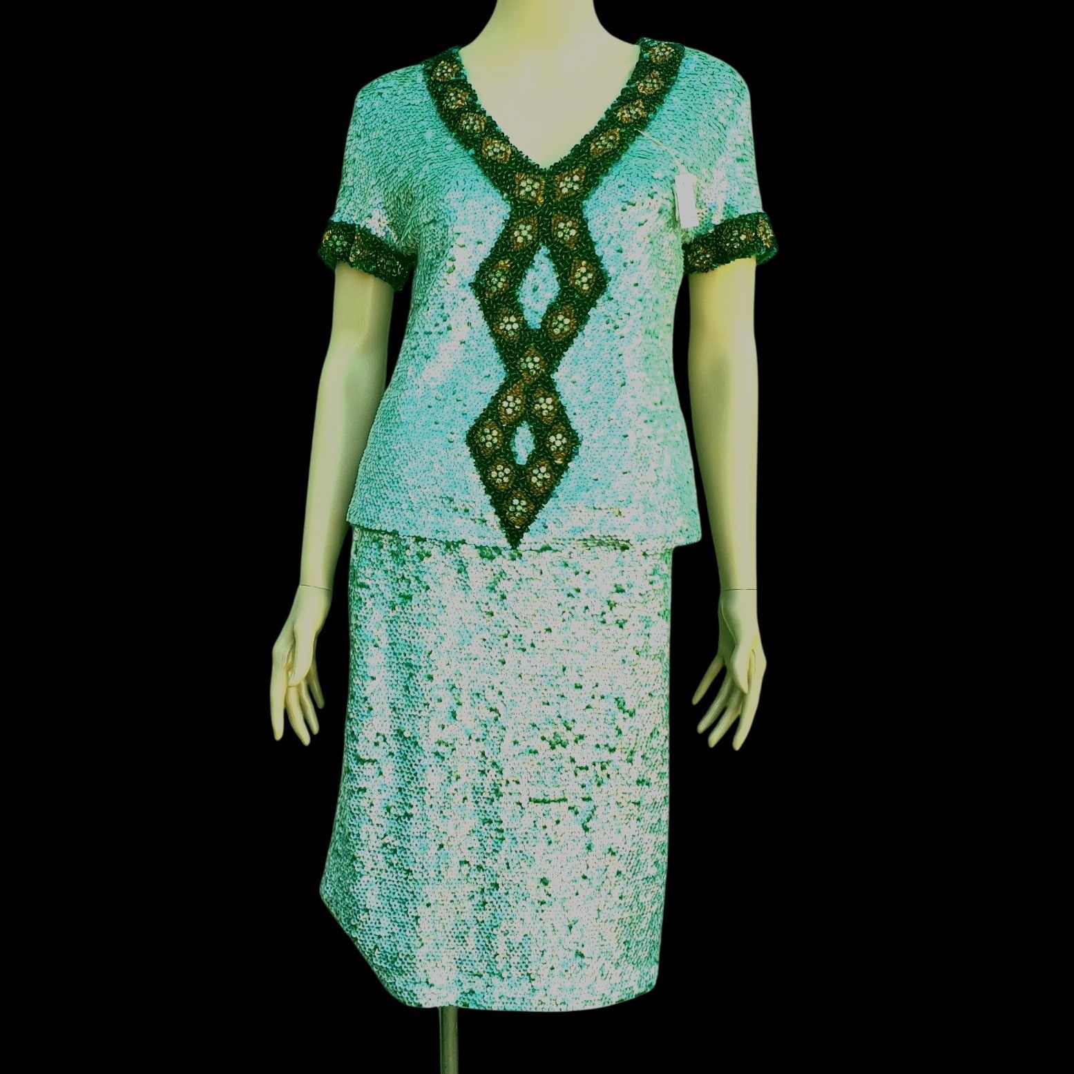 Vintage Vintage Sequin Beaded Green Skirt Set Size L 60s NWOT Cockta Size L / US 10 / IT 46 - 3 Thumbnail