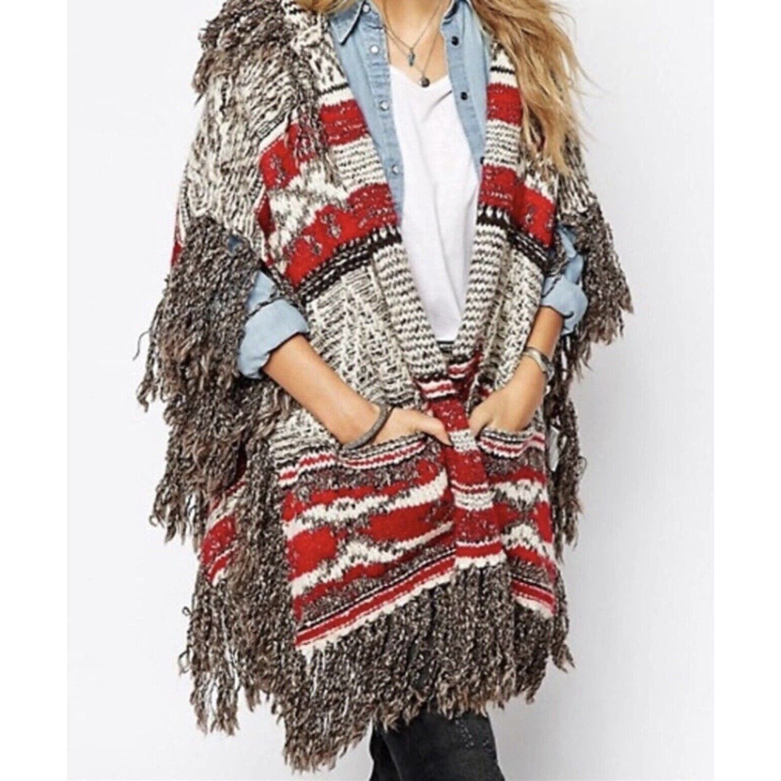 image of Denim And Supply Ralph Lauren Denim & Supply Ralph Laurent Aztec Fringe Wool Sweater Cape in Red, W