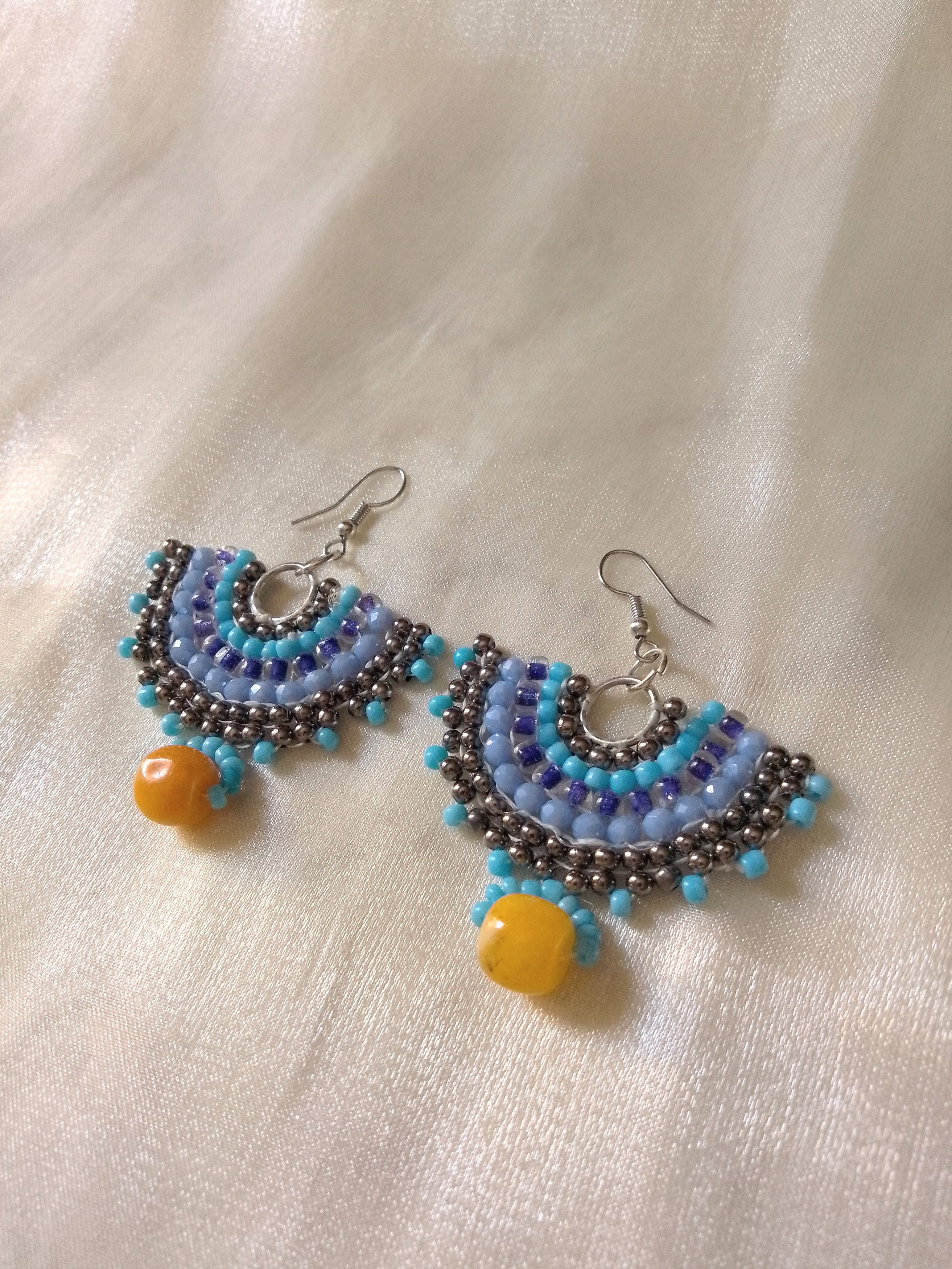 Handmade Earrings Fan Shape Ethnic Gypsy yellow natural gemstones Size ONE SIZE - 1 Thumbnail