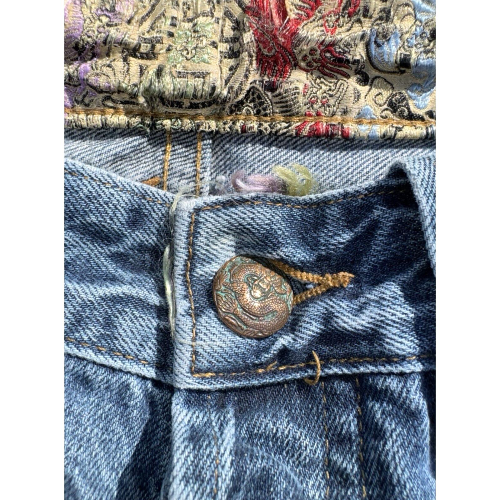 Vintage VINTAGE China Jeans 90s Distressed Repaired Embroidered Satin Selvedge Sz 32 Men Blue Straight Size US 32 / EU 48 - 7 Thumbnail