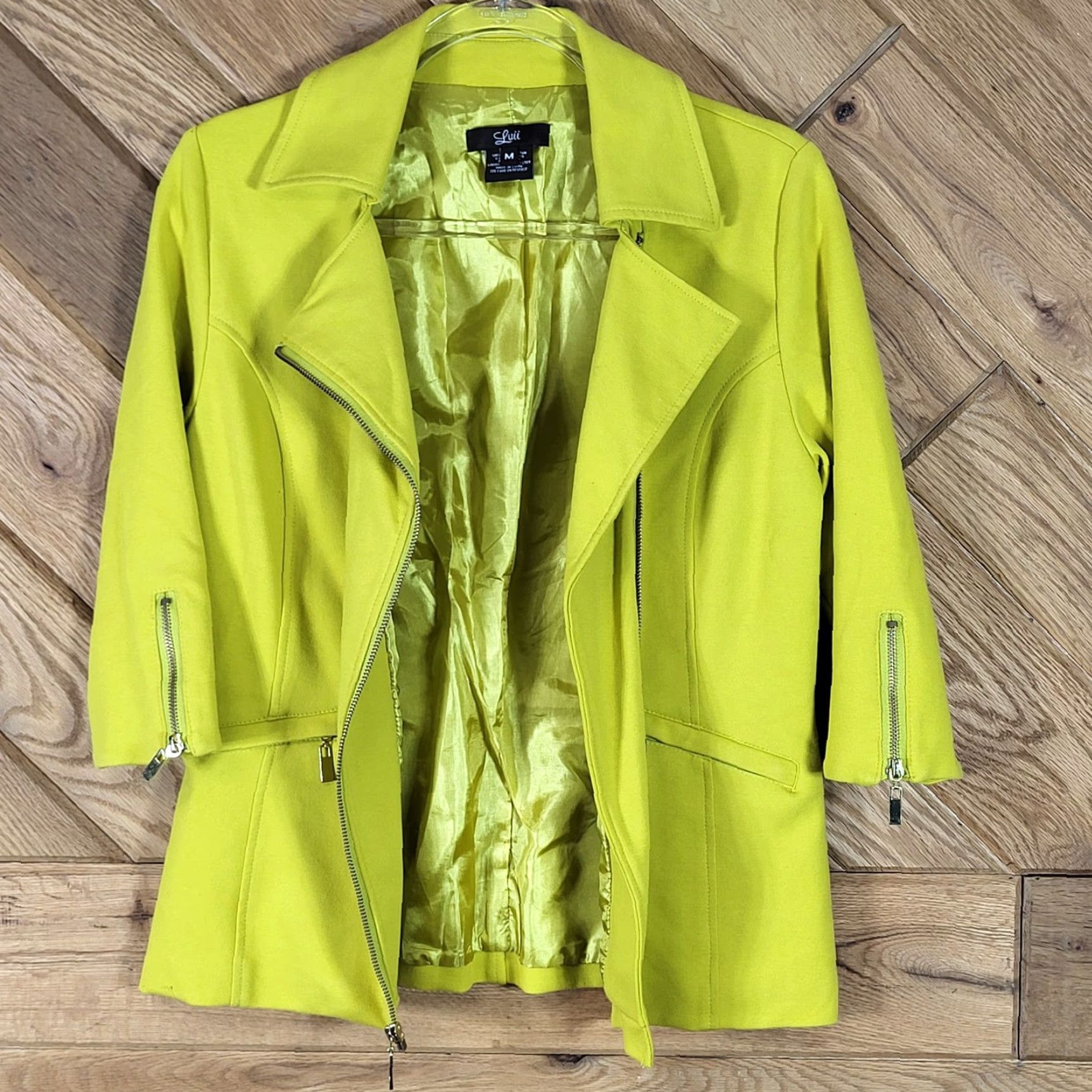 Vintage Luii Lime Green Asymmetrical Zip Jacket M Regular Women Pockets Lined 3/4 Sleeves Cotton Blend Front Zip Short Coat/Casual Basic Jacket Size M / US 6-8 / IT 42-44 - 3 Thumbnail
