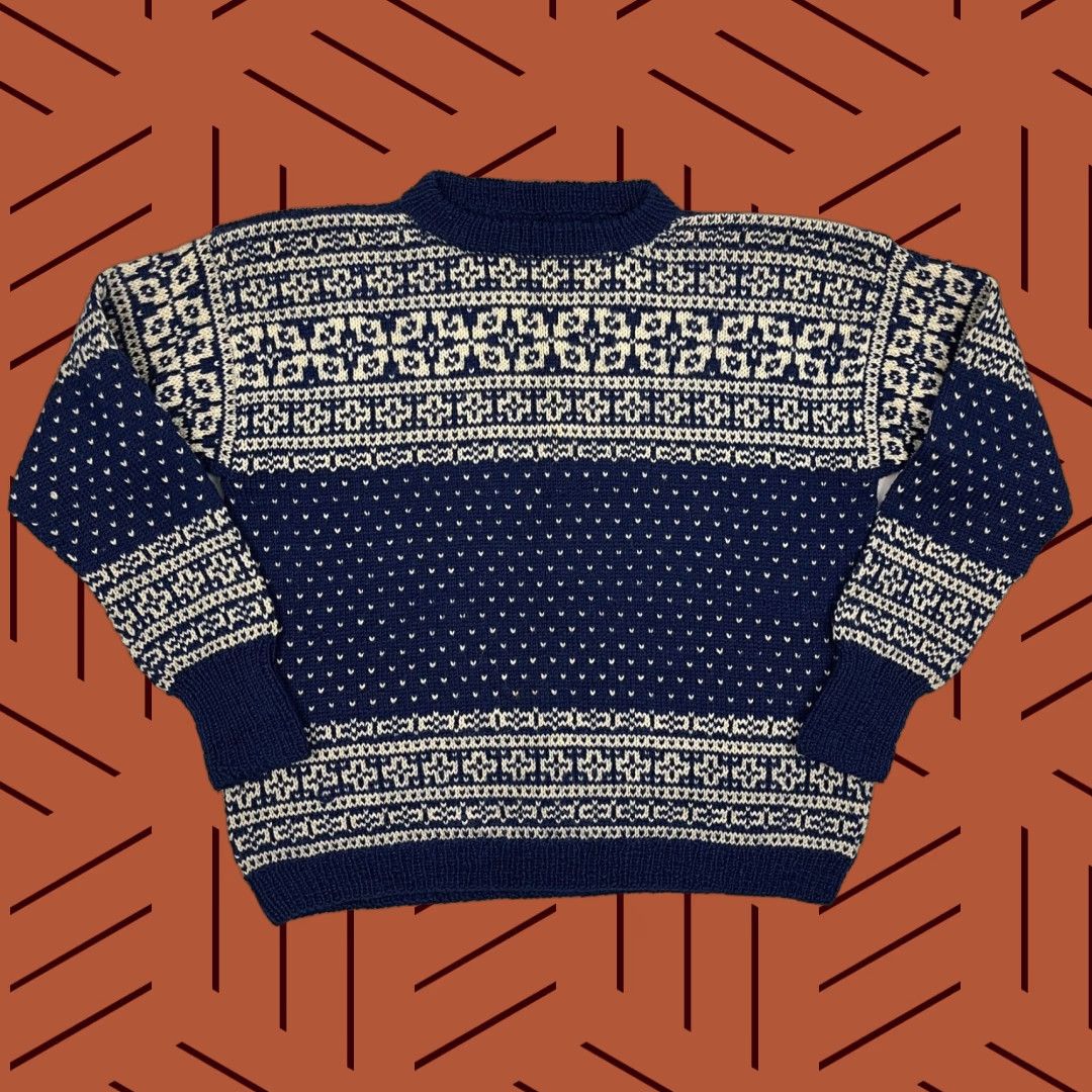 Vintage VINTAGE Nordic Fair Isle Wool Sweater Womens L Blue Ivory Knit Crew Pullover 90s Size L / US 10 / IT 46 - 1 Thumbnail