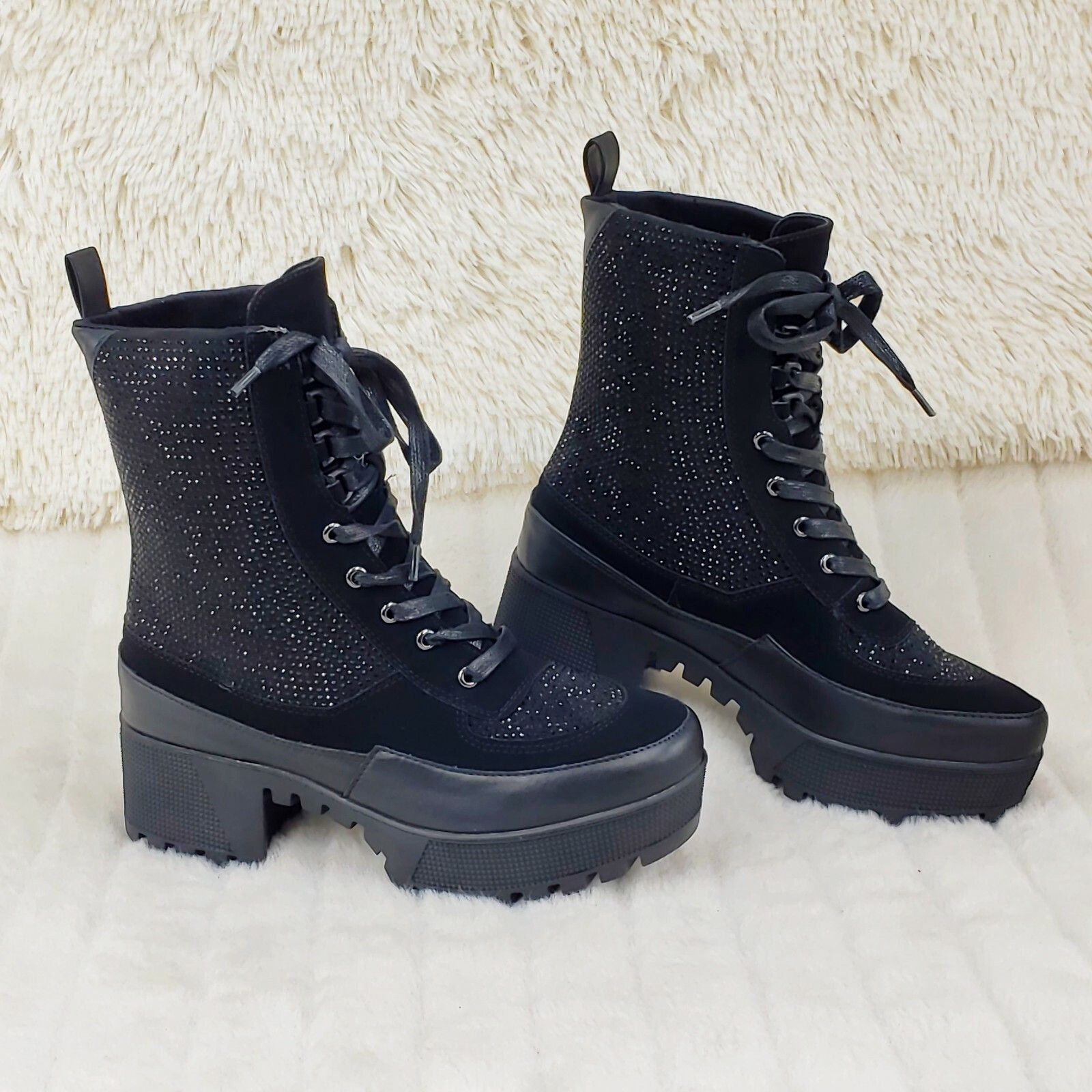 Other Diva Shine Black Rhinestone Lace Up Platform Combat Ankle Bo Size US 10 / IT 40 - 8 Thumbnail