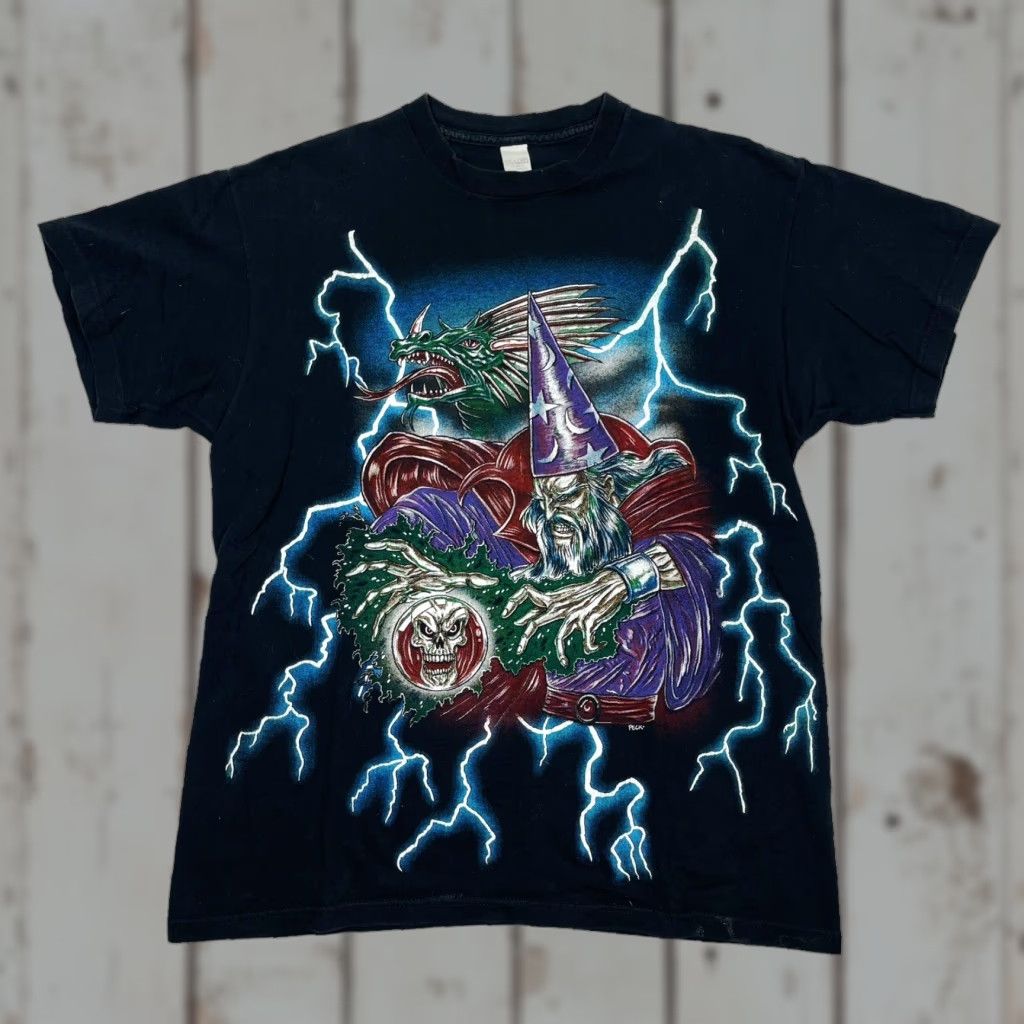 Vintage VINTAGE Brazos Shirt Men L Black USA Thunder Wizard Dragon All Over Print 90s Mens Size US L / EU 52-54 / 3 - 1 Thumbnail