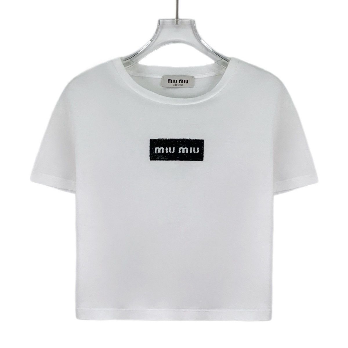 Miu Miu Miu Miu 23 White Logo Sequin Cotton Crew Neck T-Shirt K26WX Size S / US 4 / IT 40 - 1 Thumbnail