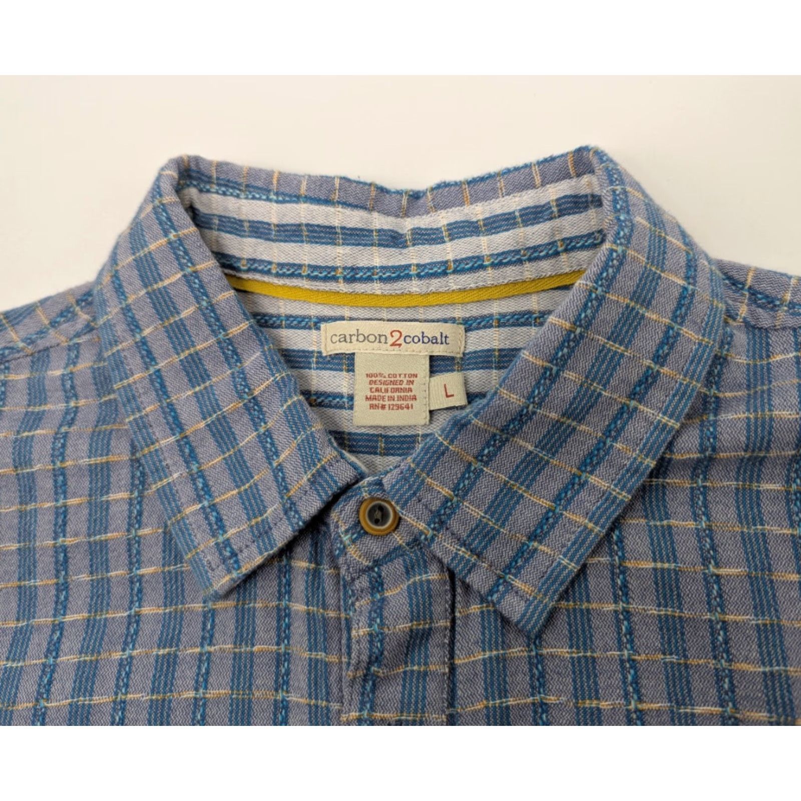 Carbon2Cobalt Carbon 2 Cobalt Shirt Mens Large Blue Stripe Plaid Textured Pocket Button Cotton Size US L / EU 52-54 / 3 - 7 Thumbnail
