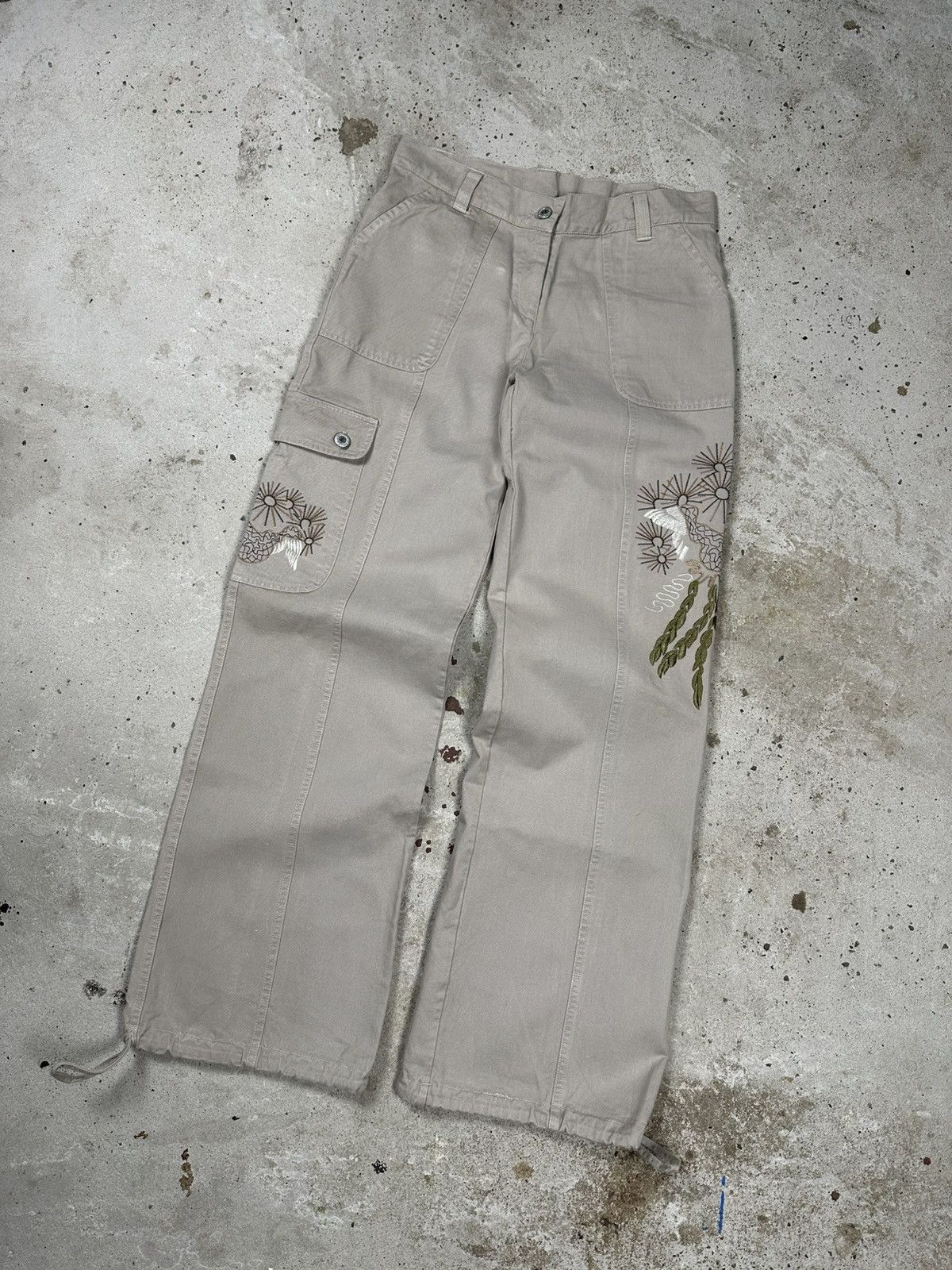 If Six Was Nine Vintage Y2K Baggy Cargo Embroidery Flowers Beige Pants Flare Size US 30 / EU 46 - 13 Thumbnail