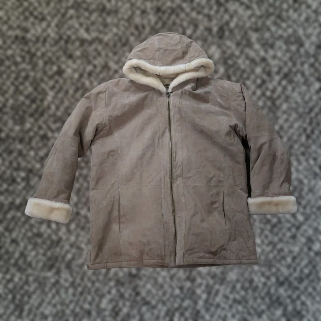 Vintage St Johns Bay Coat Jacket Womens Large Tan Suede Leather Washable Lined Zip Hooded Mid-Length Size L / US 10 / IT 46 - 1 Thumbnail