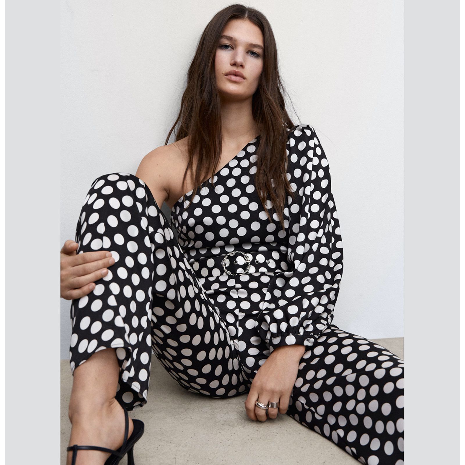 Mango Mango Polka Dot One Shoulder Jumpsuit Straight Leg NWT Size 34" / US 12 / IT 48 - 20 Thumbnail
