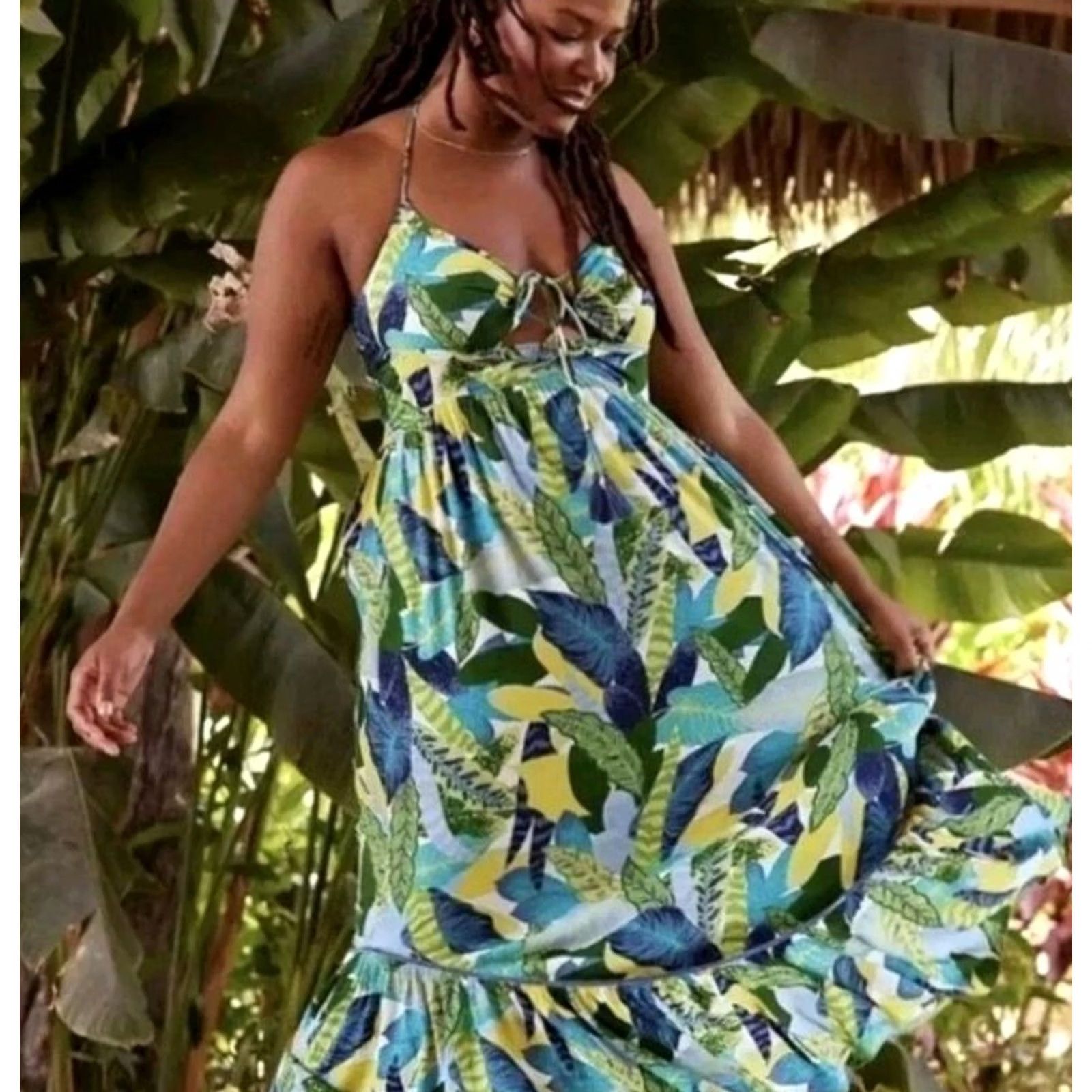 Vintage Aerie Paradise Tropical Boho Summer Dress - M - Blue Floral Halter Size M / US 6-8 / IT 42-44 - 2 Thumbnail