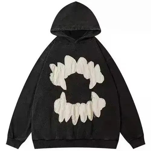 Black vampire teeth print loose hooded sweatshirt Menswear
