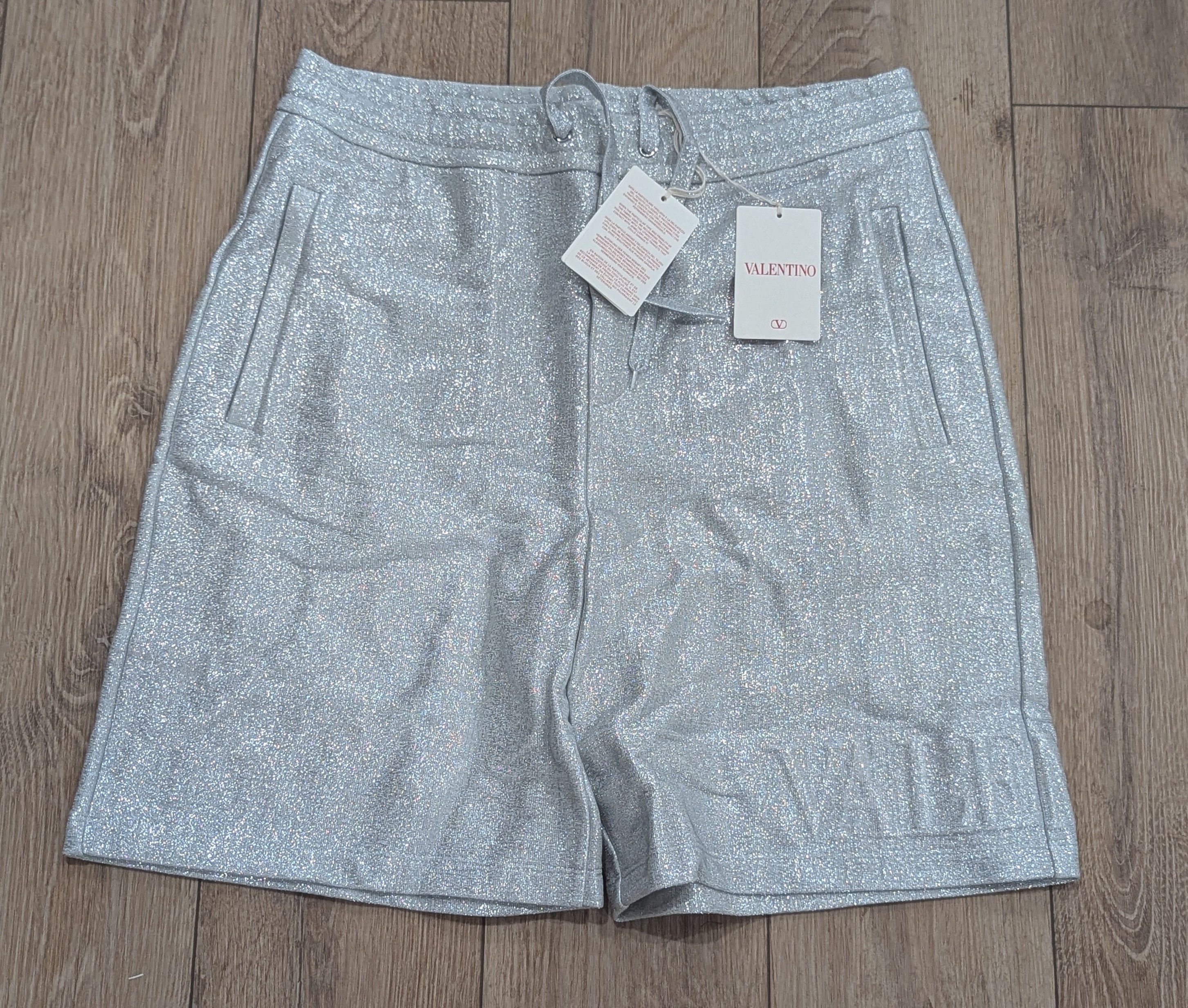 Valentino Valentino Metallic Logo Drawstring Sweat Shorts Silver M Size US 32 / EU 48 - 1 Thumbnail