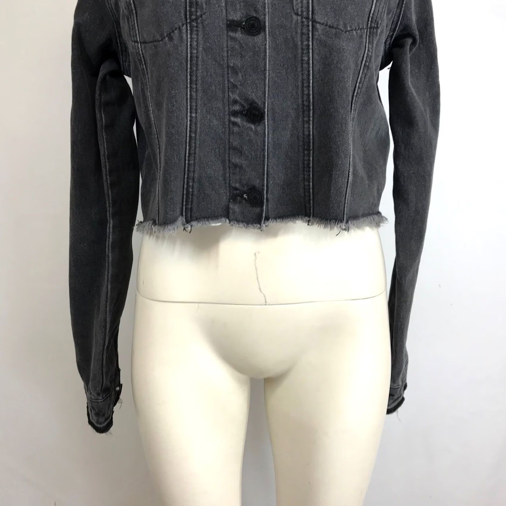 Vintage Kancan Los Angeles Distressed Denim Jacket Charcoal Grey Cropped Raw Hem Evening? Size M / US 6-8 / IT 42-44 - 3 Thumbnail