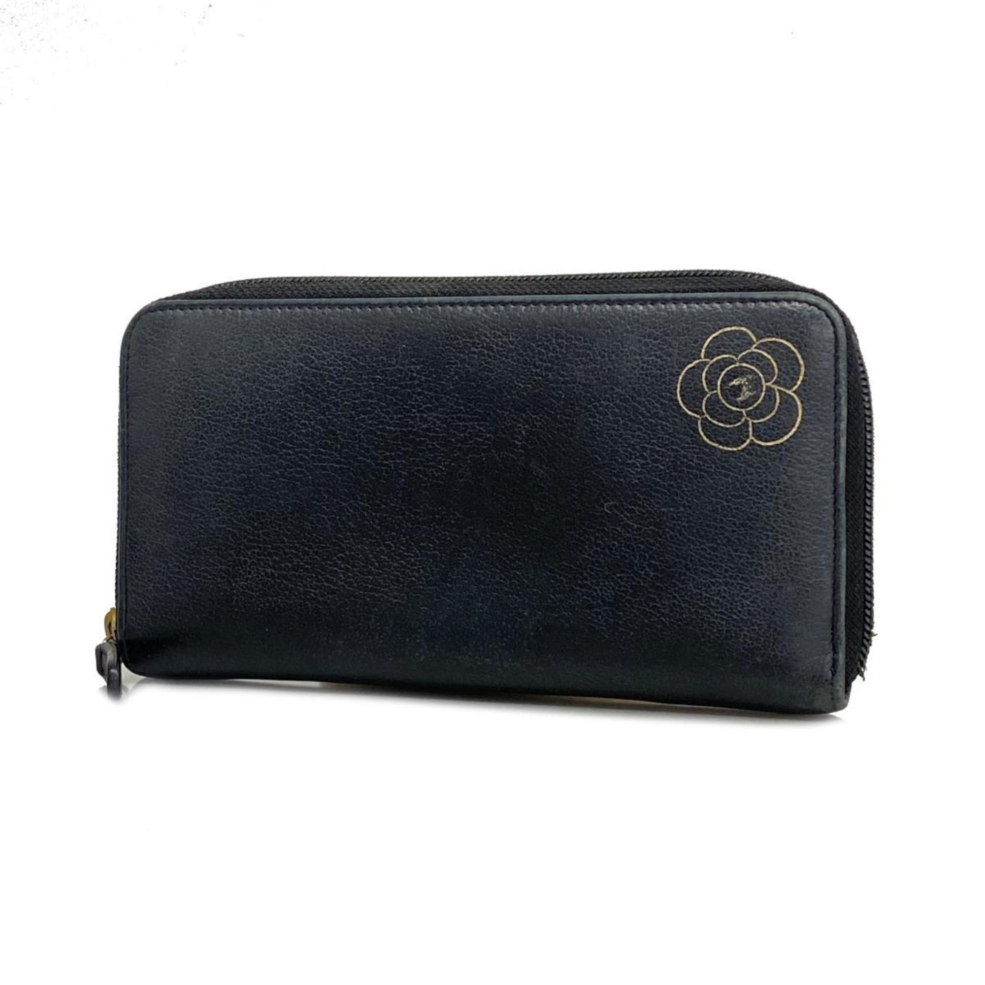 image of Chanel Long Wallet Camellia Leather Black Women's