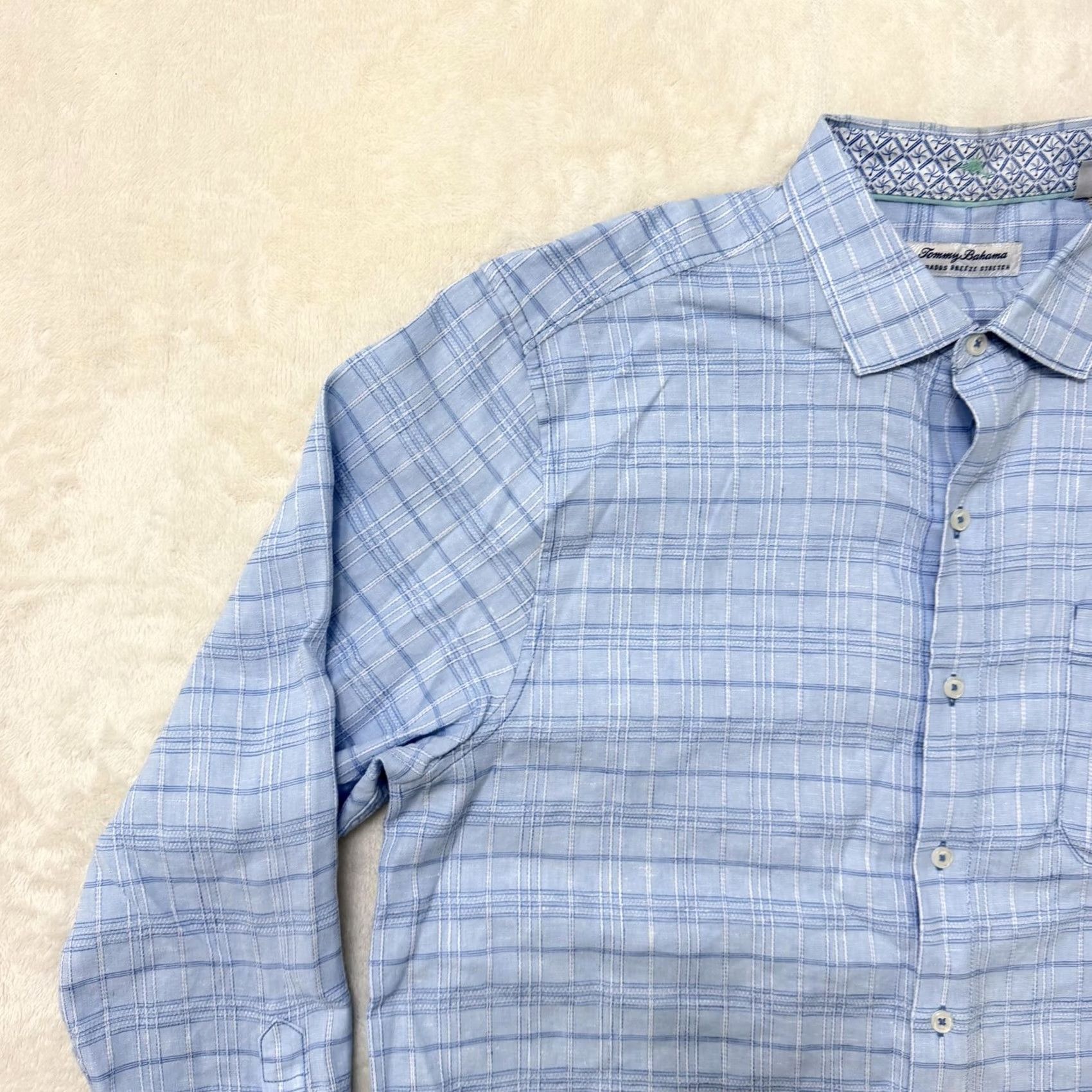 Tommy Bahama Tommy Bahama Shirt Mens Large Blue Linen Plaid Barbados Breeze Stretch Button Up Shirt Size US L / EU 52-54 / 3 - 4 Thumbnail
