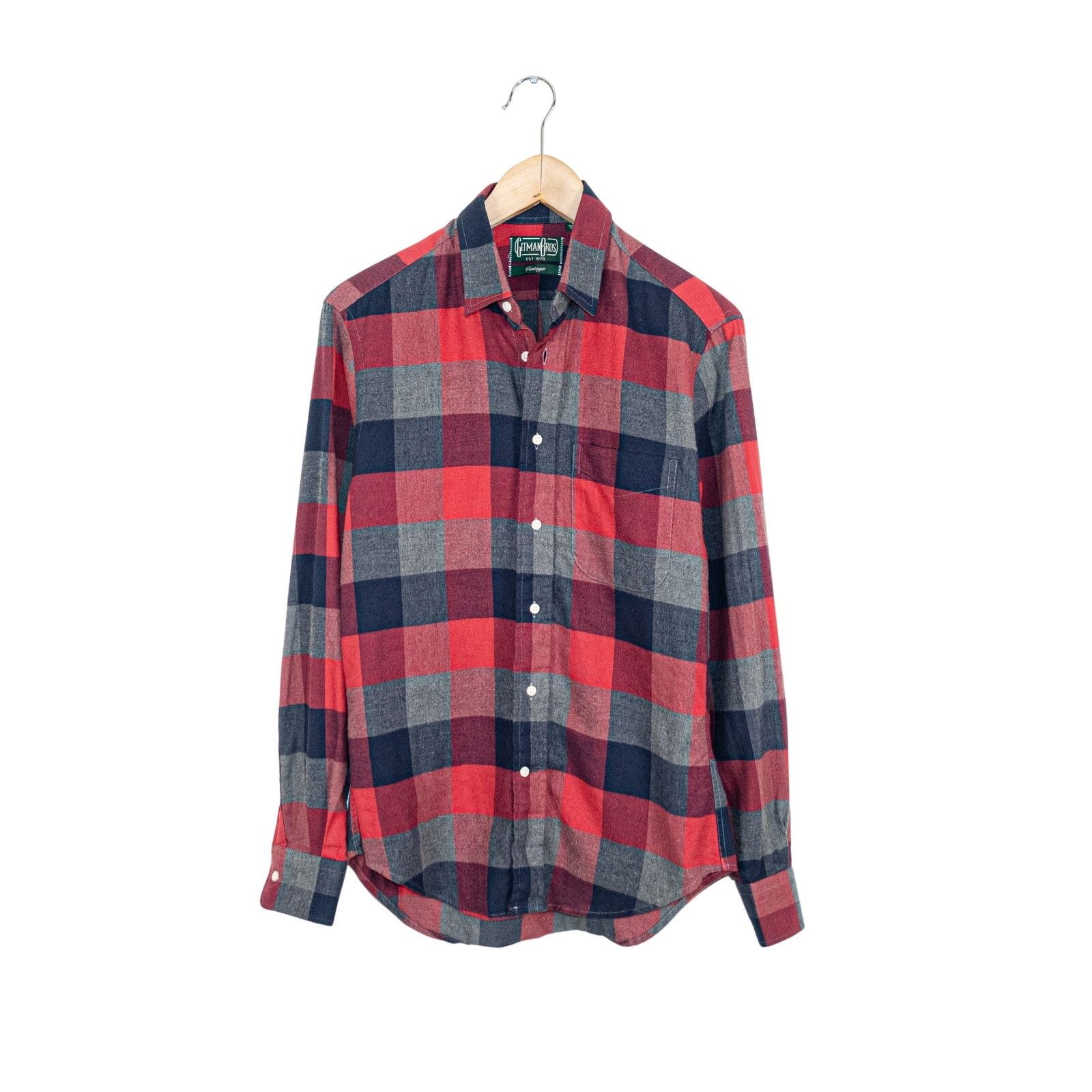 Gitman Bros Vintage Red Gray Check Flannel Shirt 100% Cotton